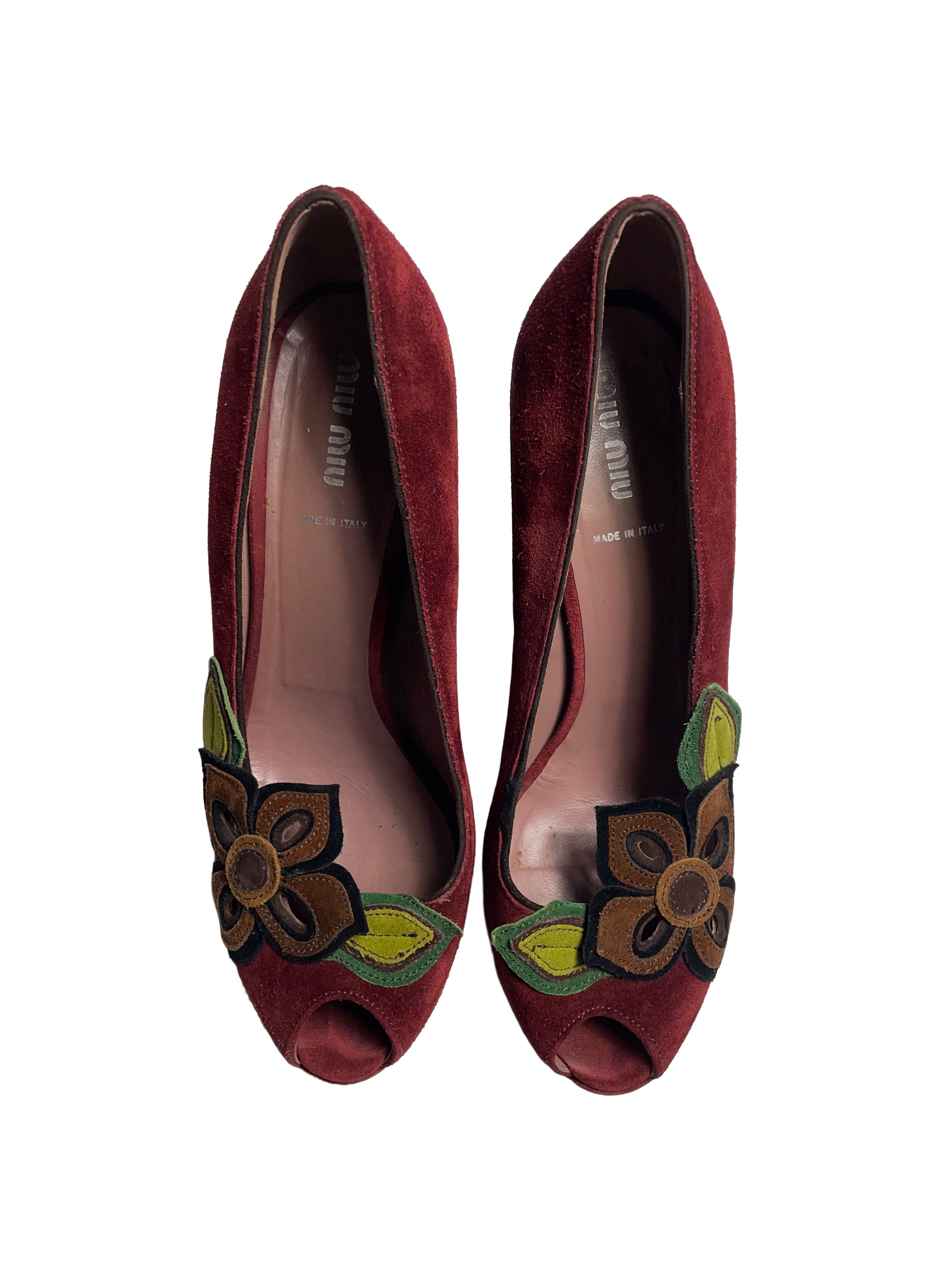 Miu Miu Burgundy Suede Peep Toe Pumps
