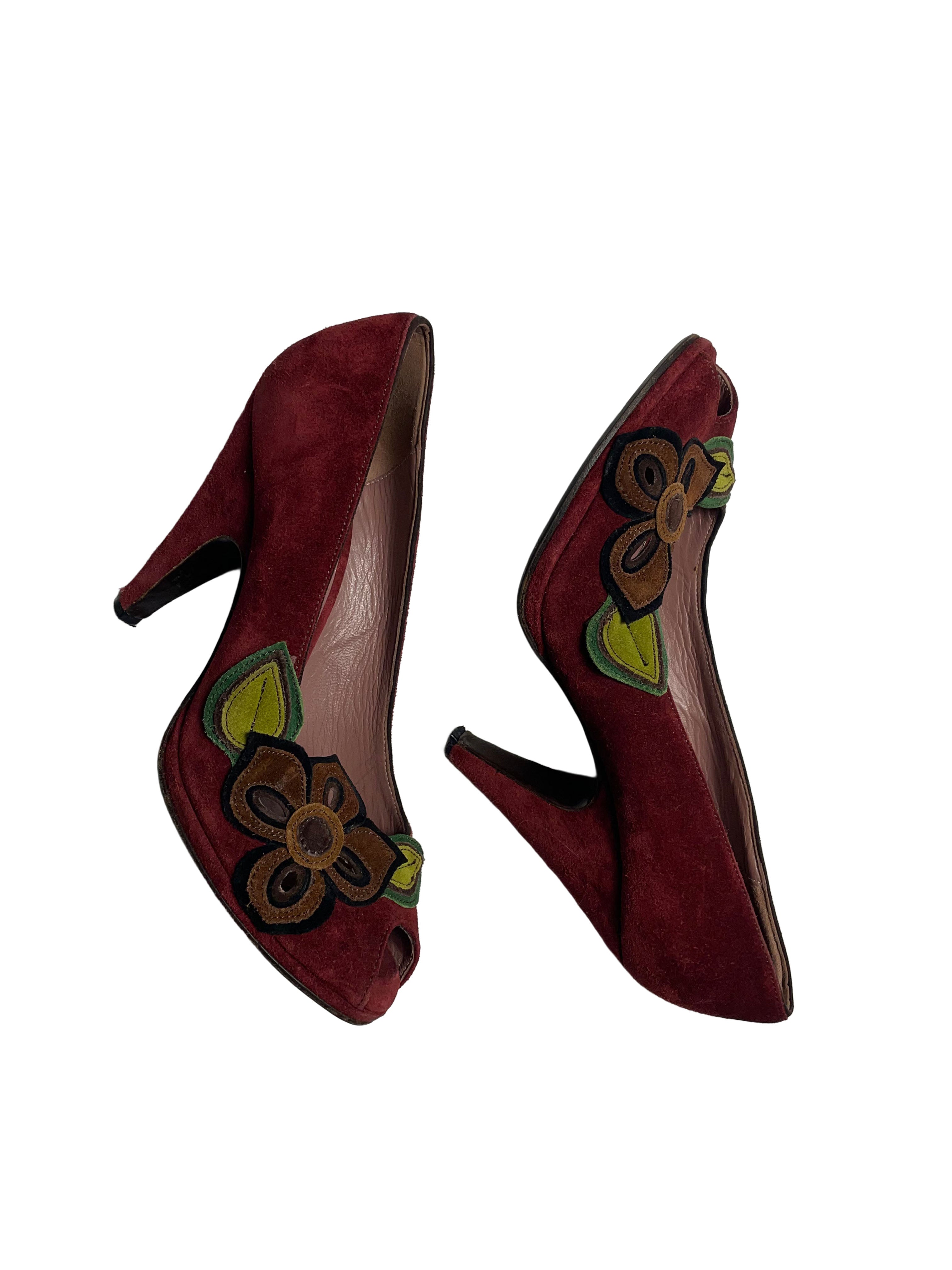 Miu Miu Burgundy Suede Peep Toe Pumps