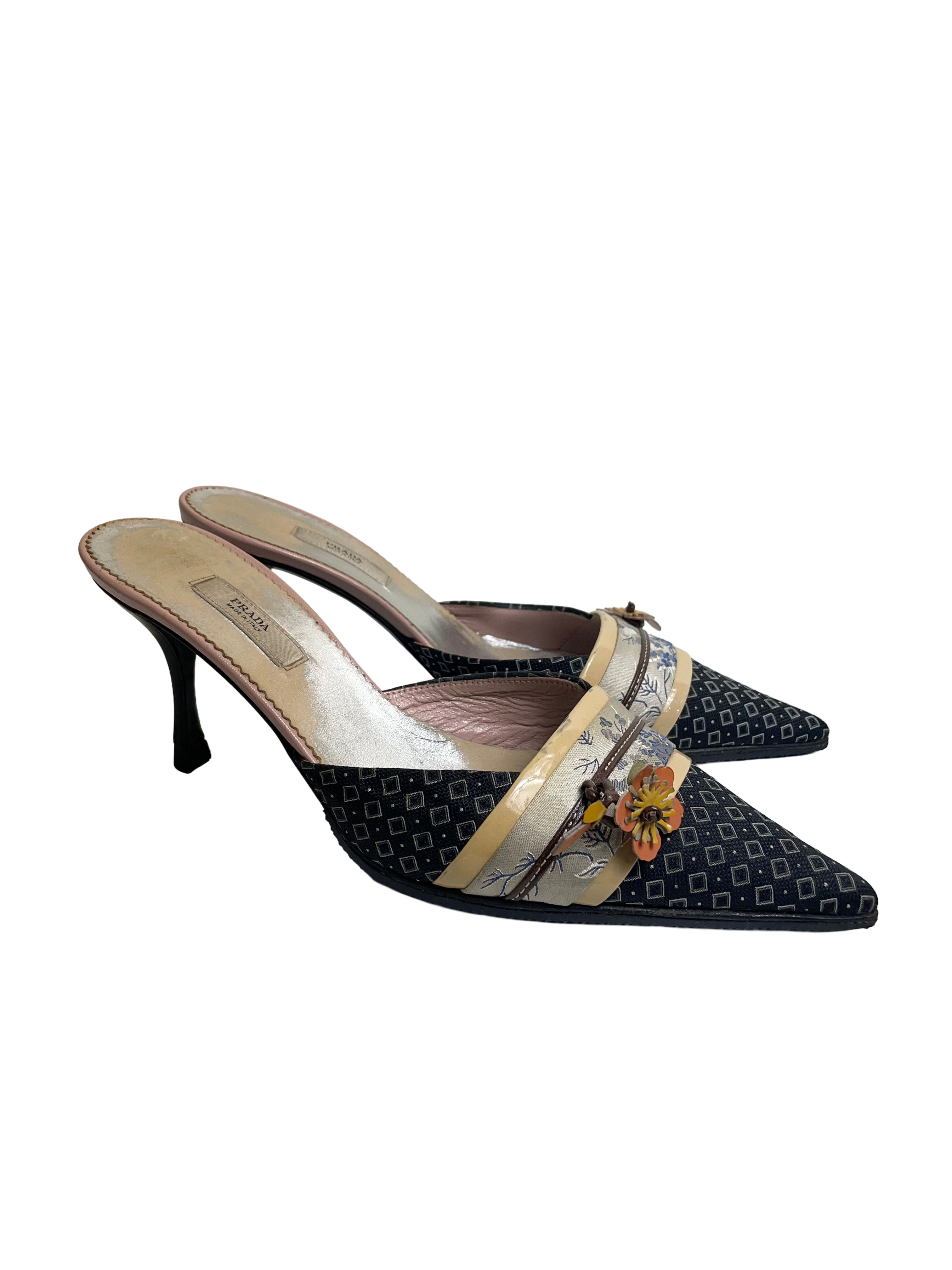 Prada Oriental Vintage Kitten Heel Mules