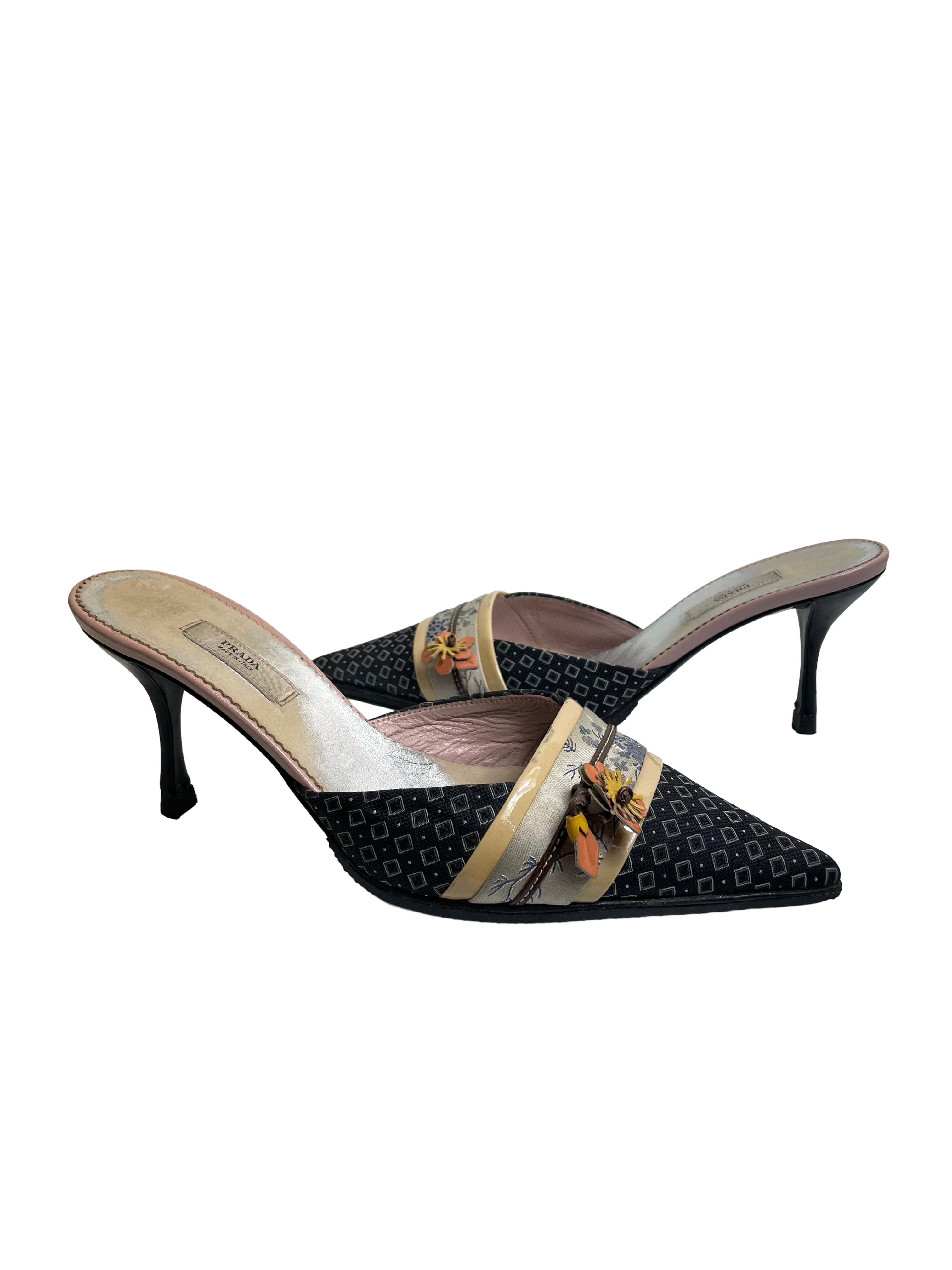 Prada Oriental Vintage Kitten Heel Mules