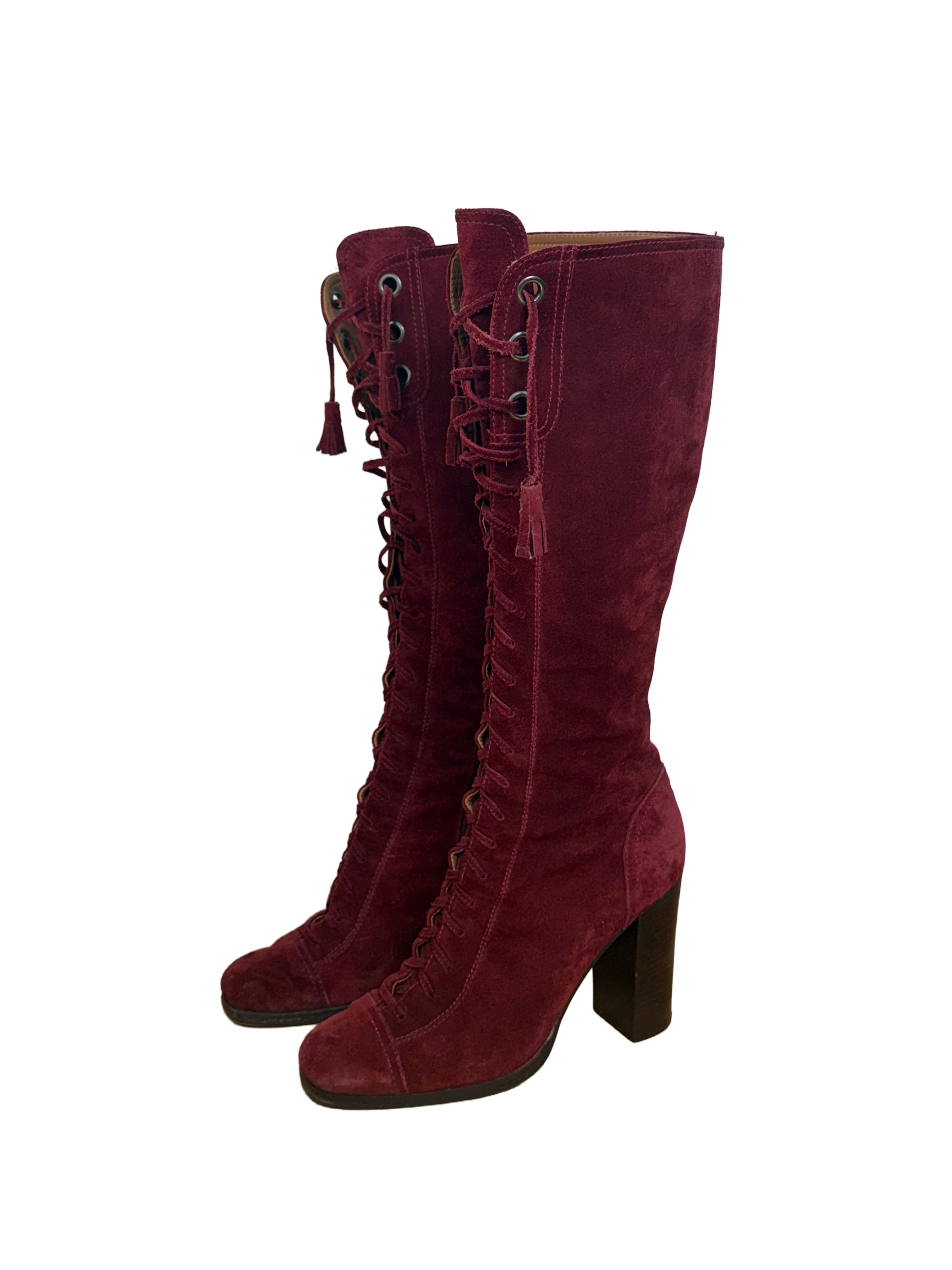 Miu Miu Rare 2001 Burgundy Suede Lace Up Heeled Boots