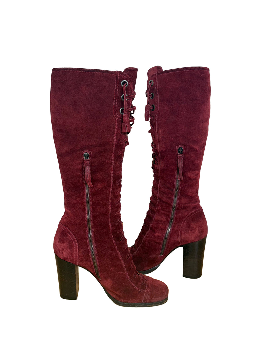 Miu Miu Rare 2001 Burgundy Suede Lace Up Heeled Boots