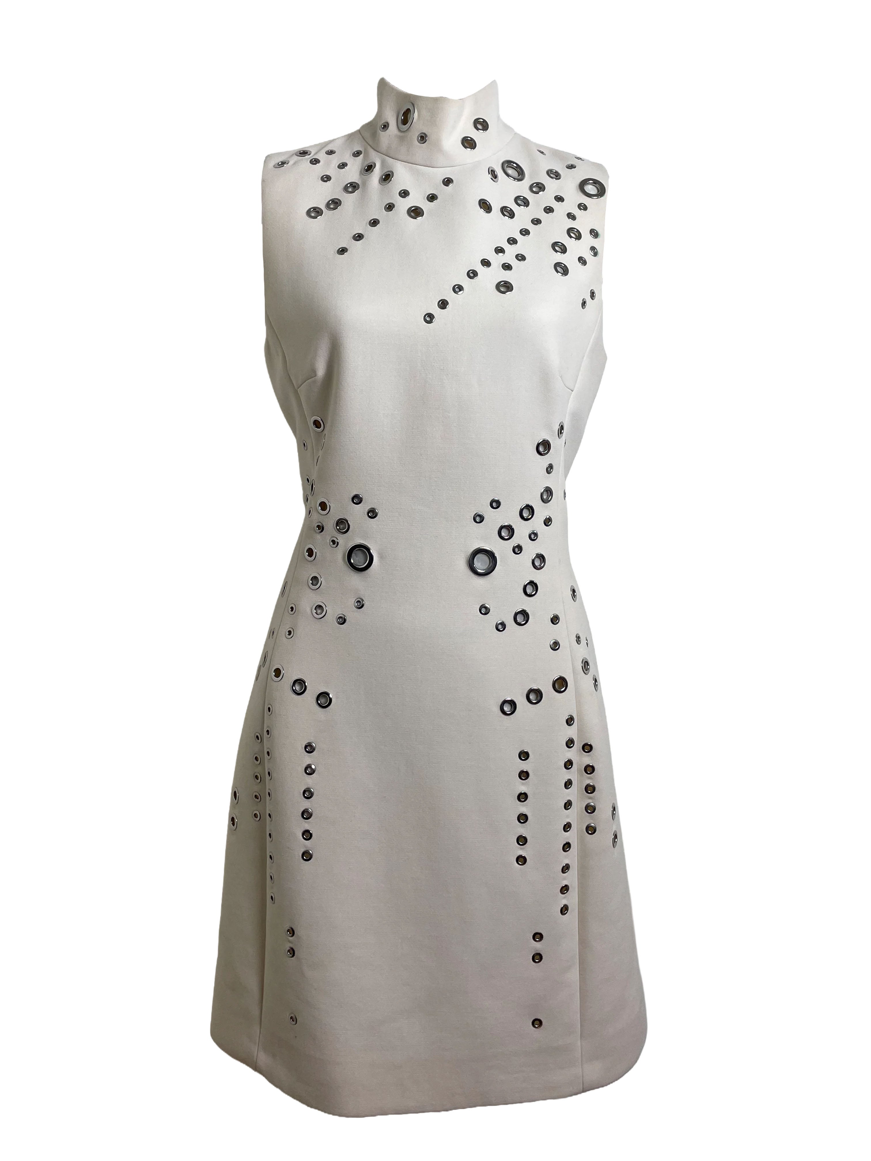 Thierry Mugler 2015 Cream High Neck Grommet Mini Dress