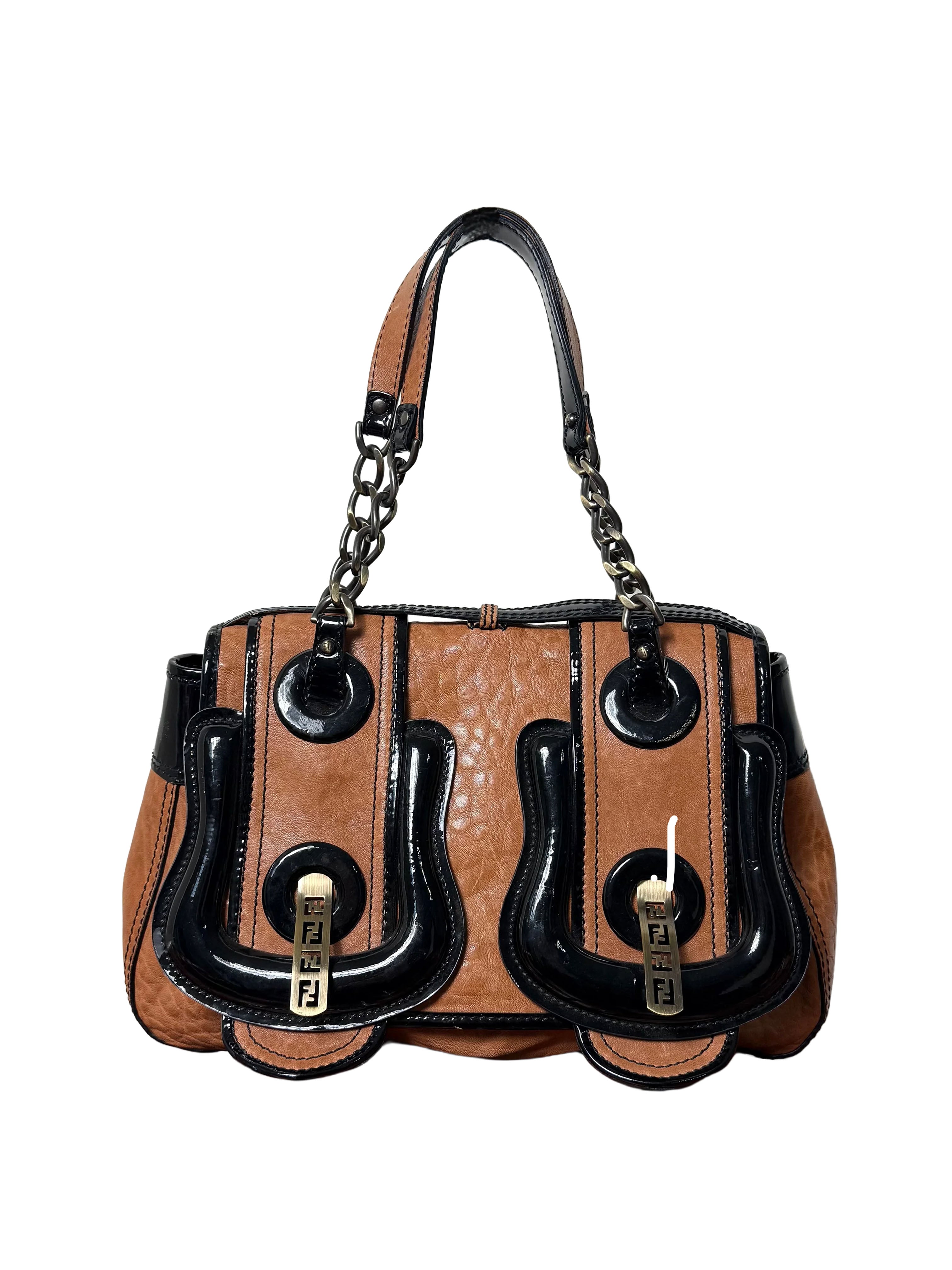 Fendi B Buckle Caramel & Black Patent Leather Handbag