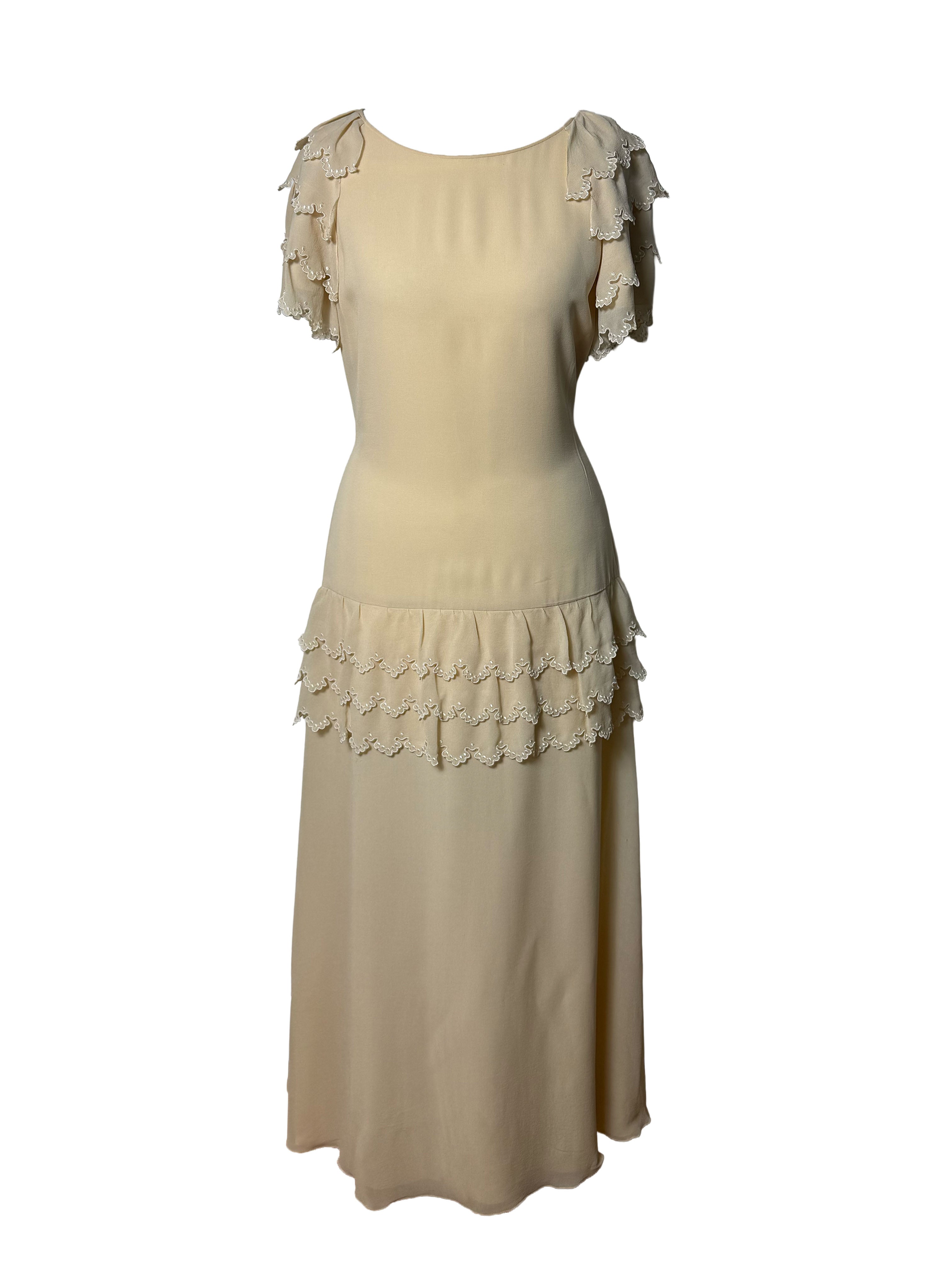 Chloé Spring 1981 Custard Silk Ruffle Dress by Karl Lagerfeld