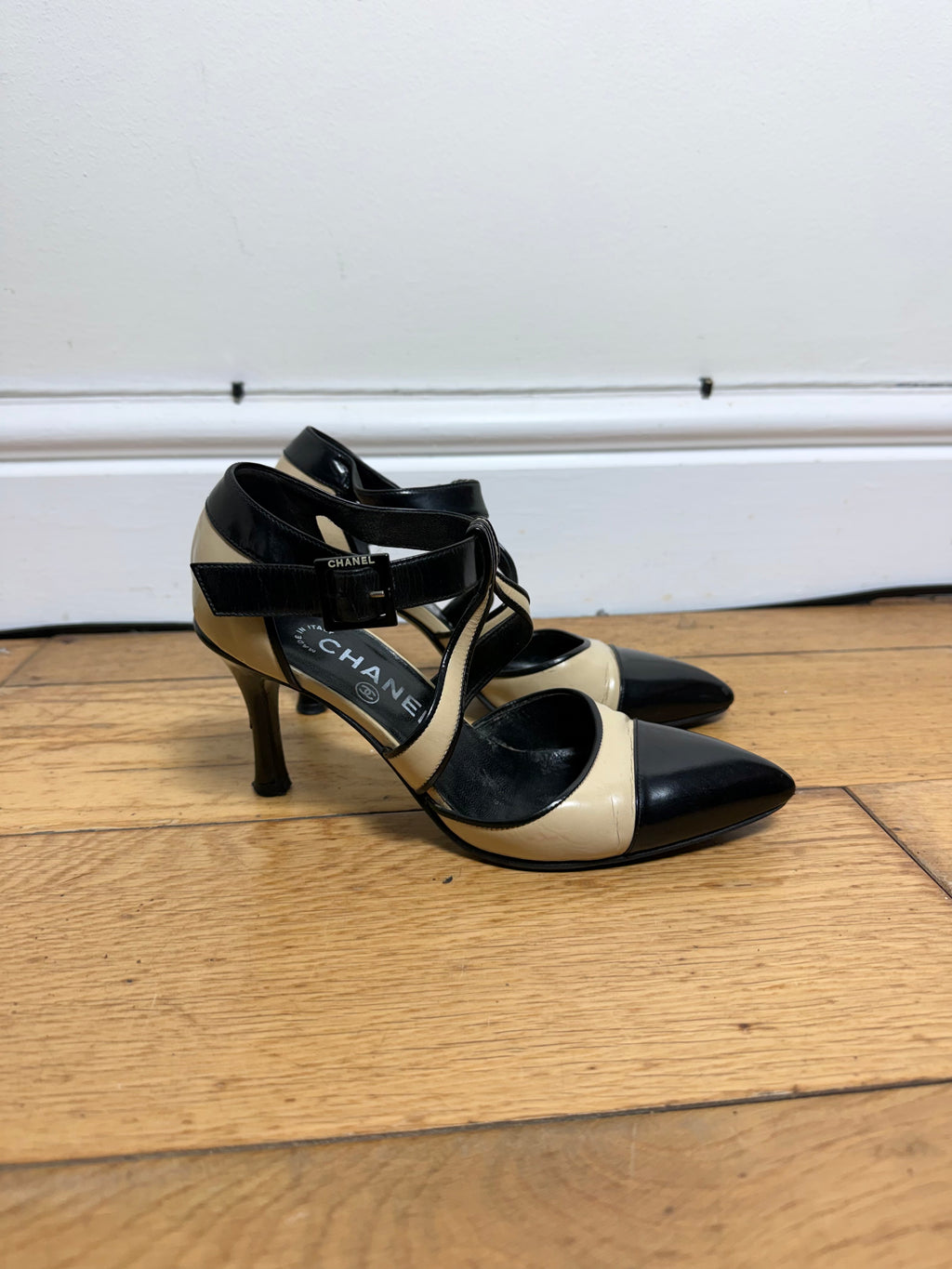 Chanel Vintage Two Tone Mary Jane Patent Pumps