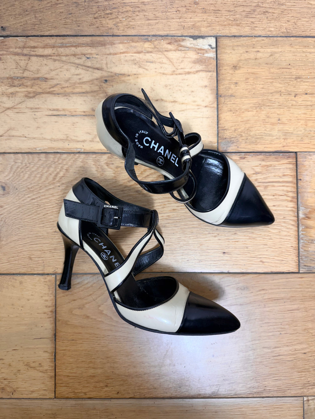 Chanel Vintage Two Tone Mary Jane Patent Pumps