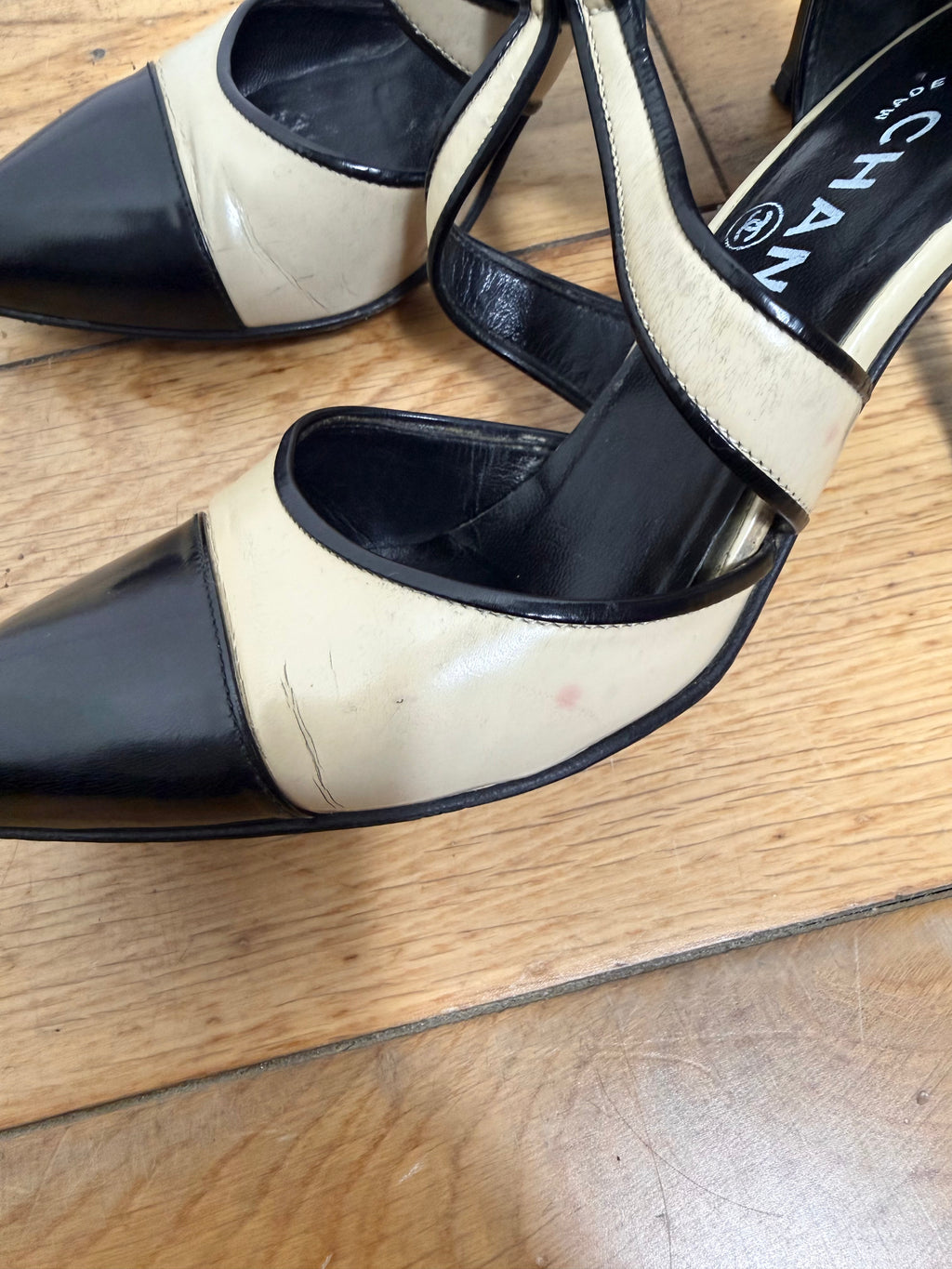 Chanel Vintage Two Tone Mary Jane Patent Pumps