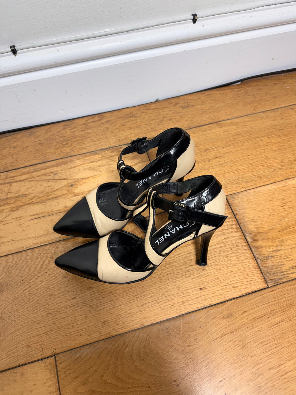 Chanel Vintage Two Tone Mary Jane Patent Pumps