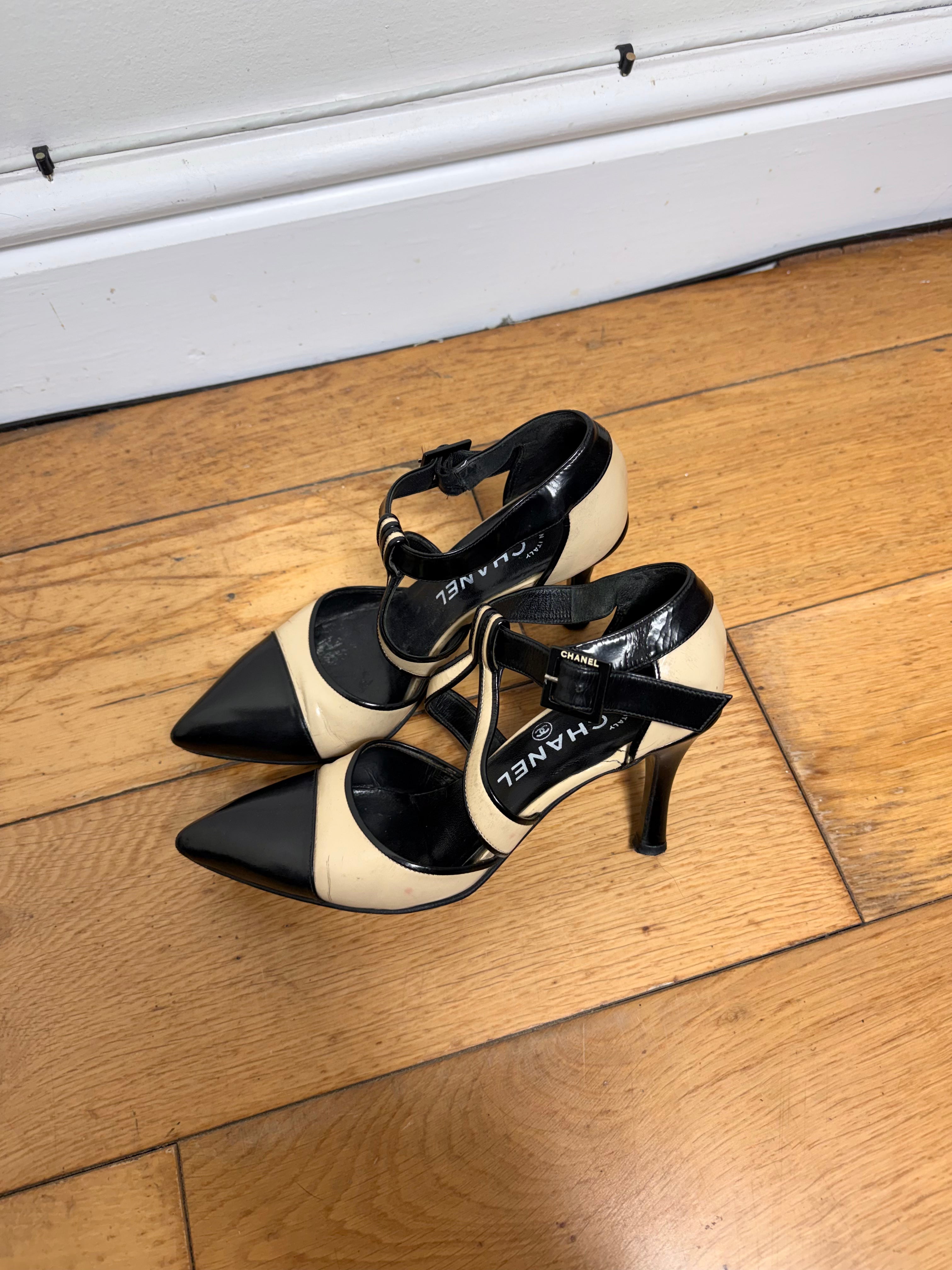 Chanel Vintage Two Tone Mary Jane Patent Pumps