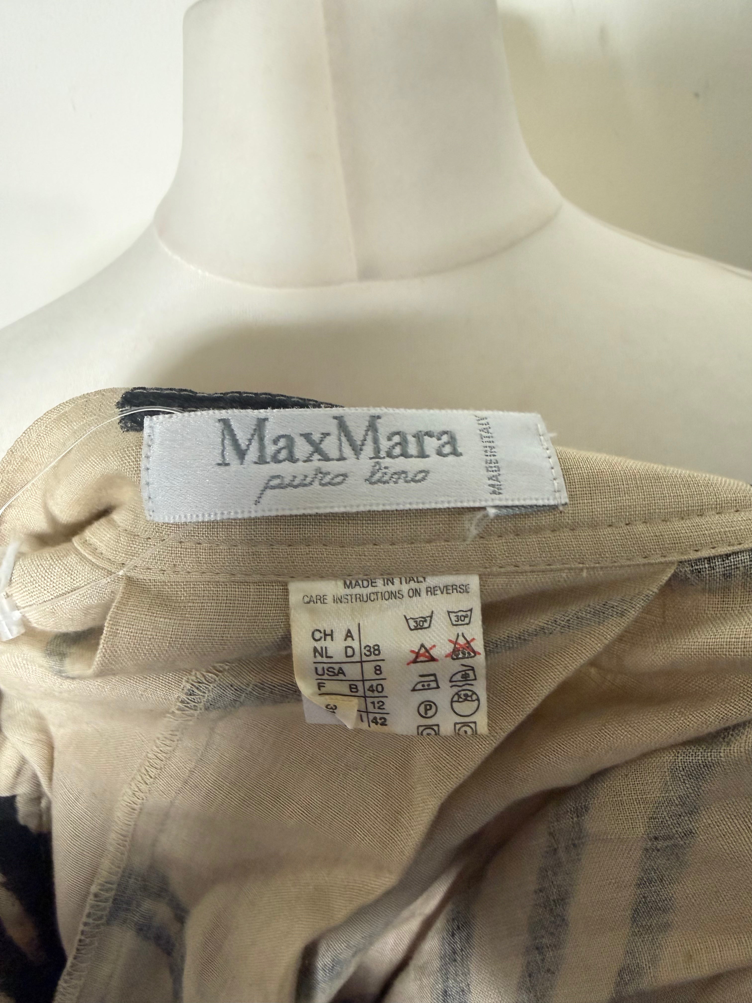 Max Mara Vintage Tan Abstract Print Pleated Linen Maxi Skirt