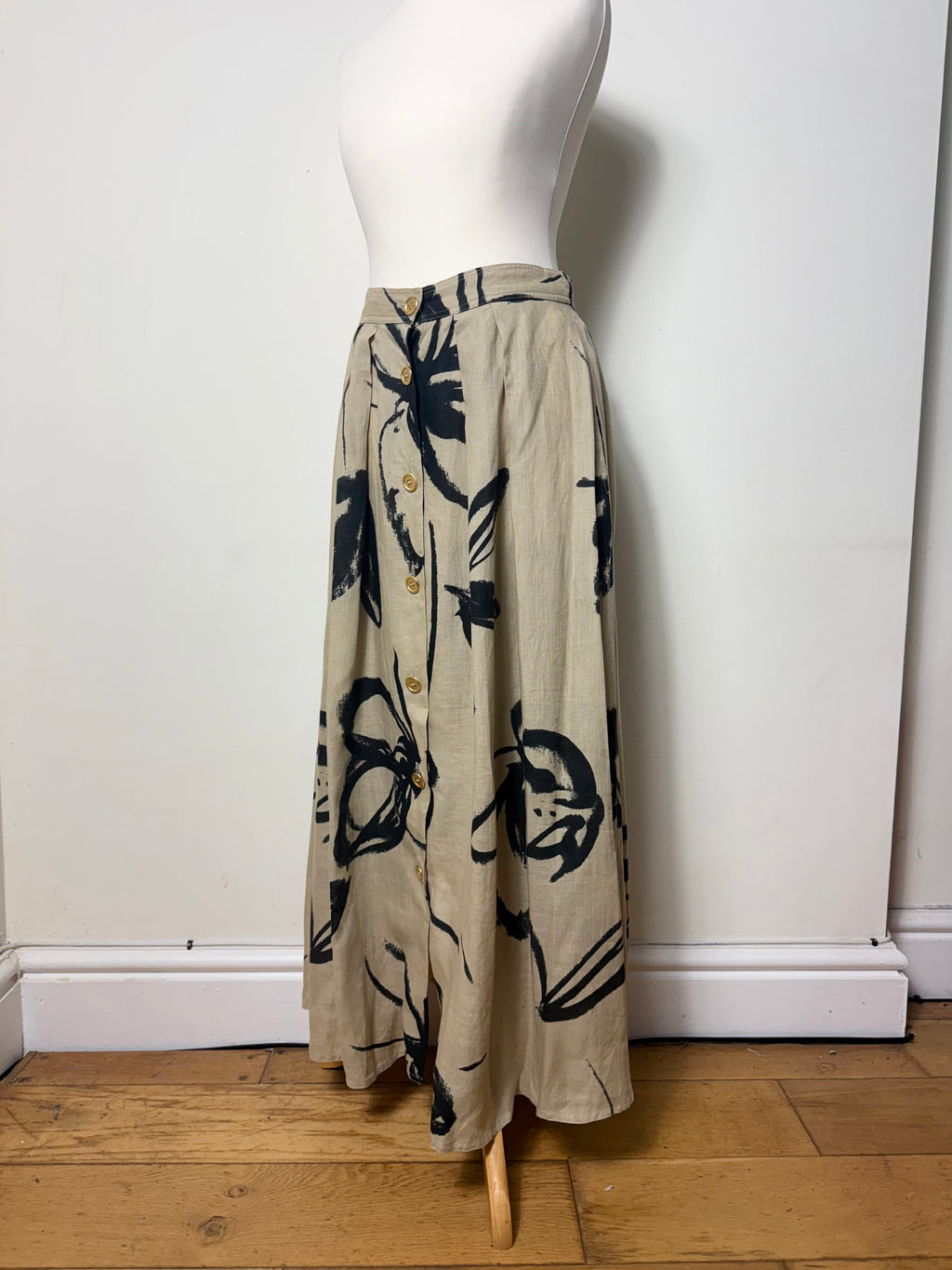 Max Mara Vintage Tan Abstract Print Pleated Linen Maxi Skirt