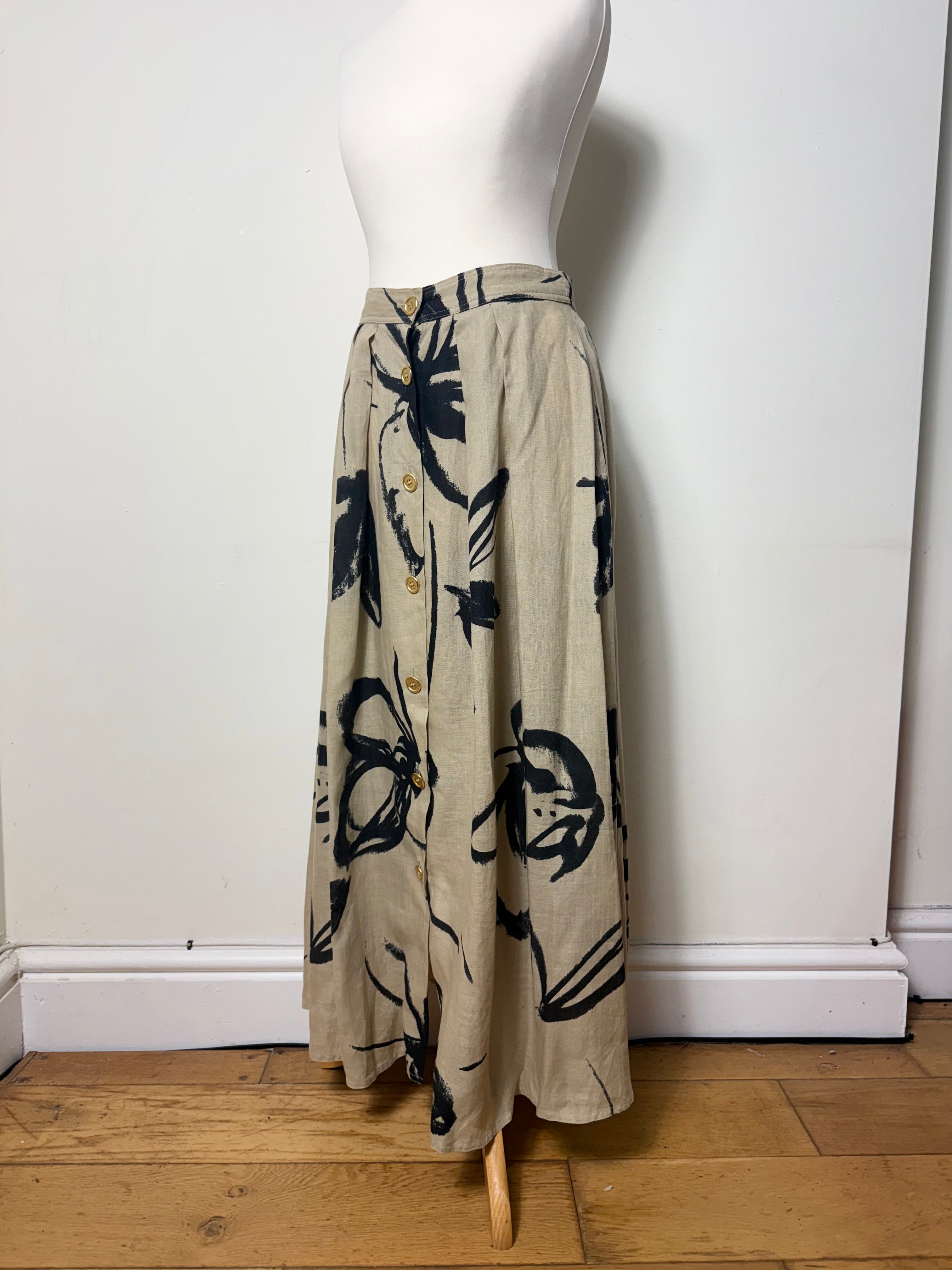 Max Mara Vintage Tan Abstract Print Pleated Linen Maxi Skirt