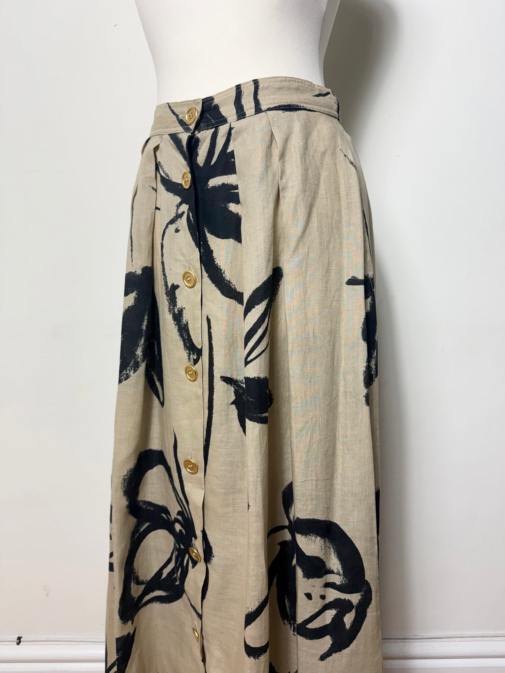 Max Mara Vintage Tan Abstract Print Pleated Linen Maxi Skirt