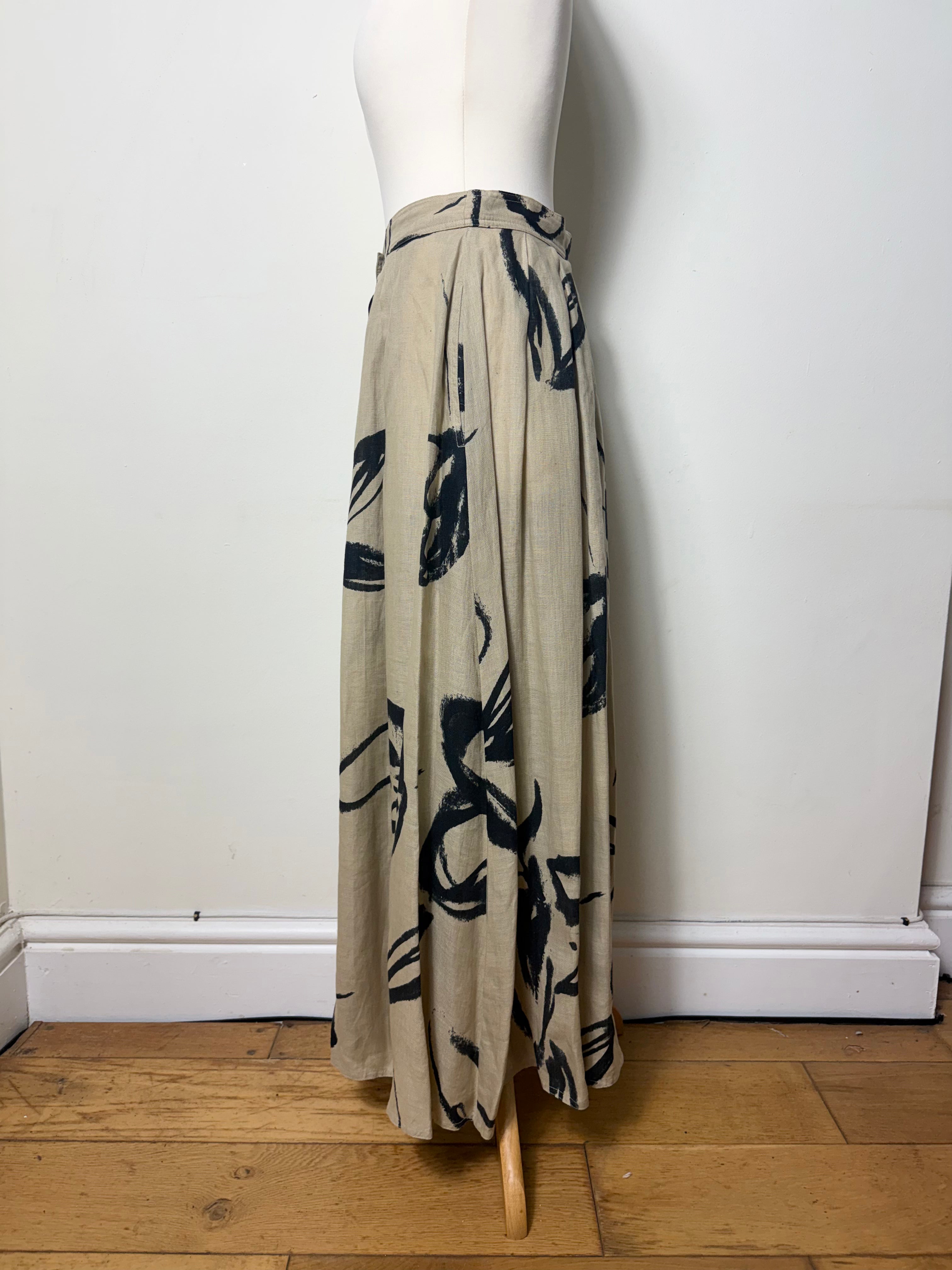 Max Mara Vintage Tan Abstract Print Pleated Linen Maxi Skirt