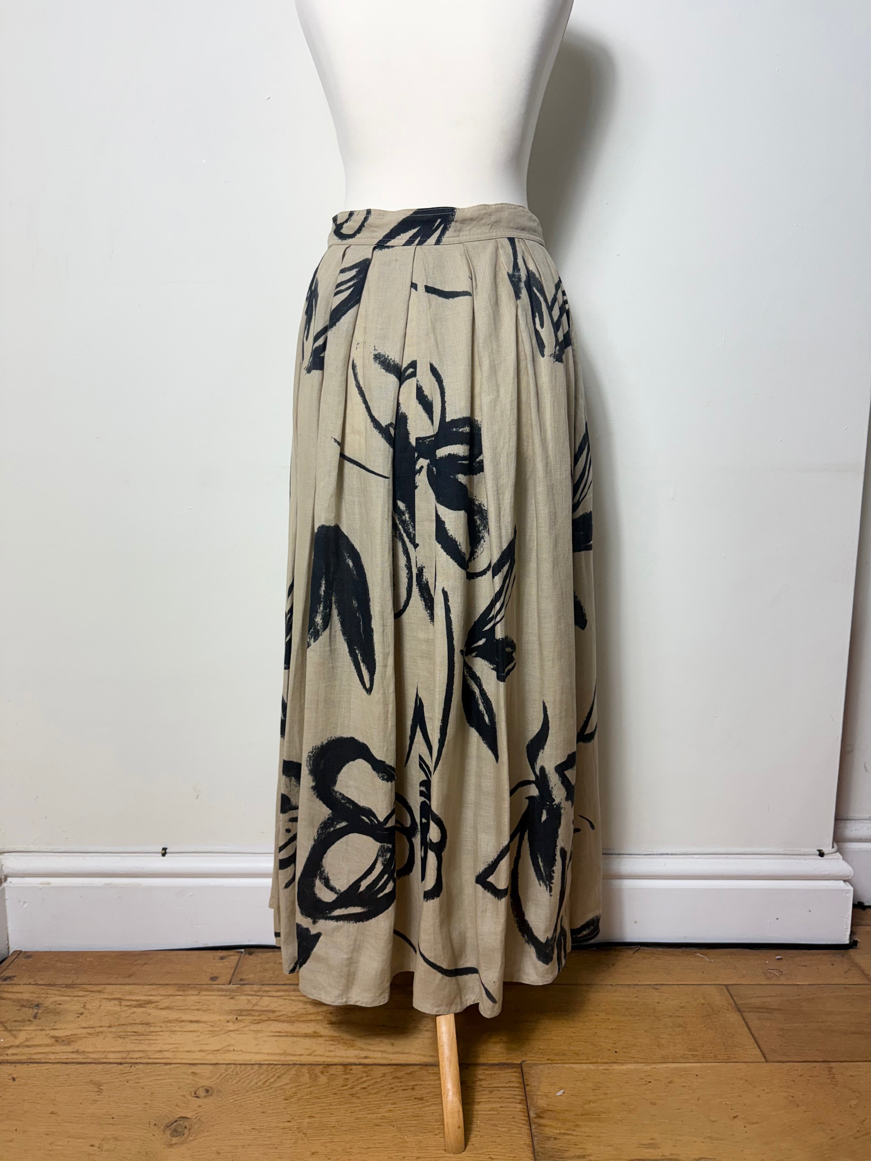 Max Mara Vintage Tan Abstract Print Pleated Linen Maxi Skirt
