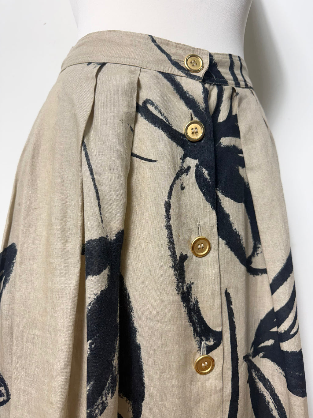 Max Mara Vintage Tan Abstract Print Pleated Linen Maxi Skirt
