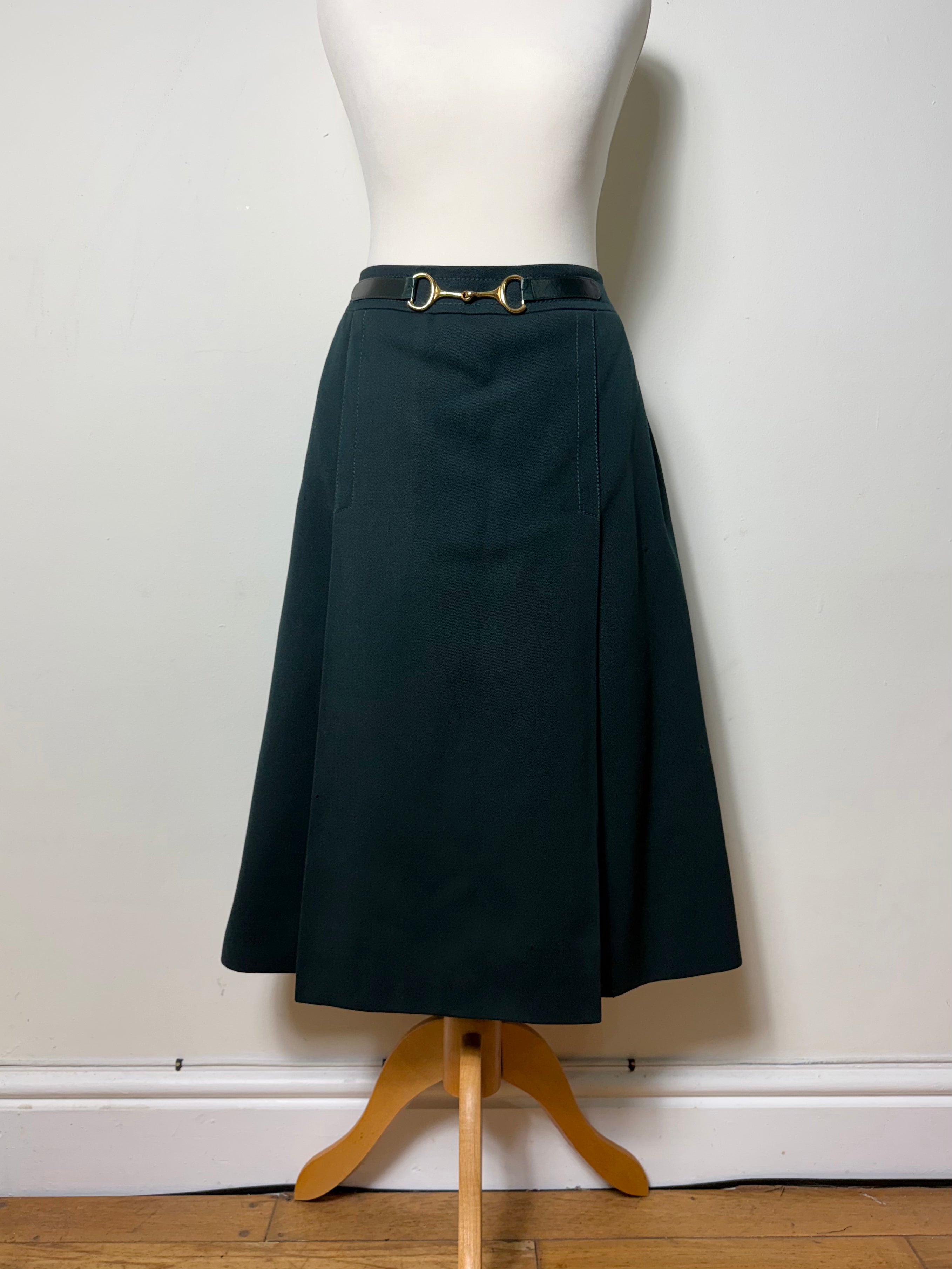 Celine Vintage 1970s Horsebit Dark Green Wool Pleated Skirt