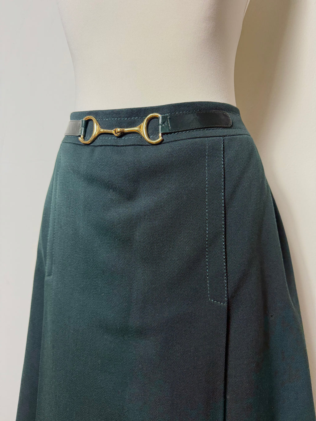 Celine Vintage 1970s Horsebit Dark Green Wool Pleated Skirt