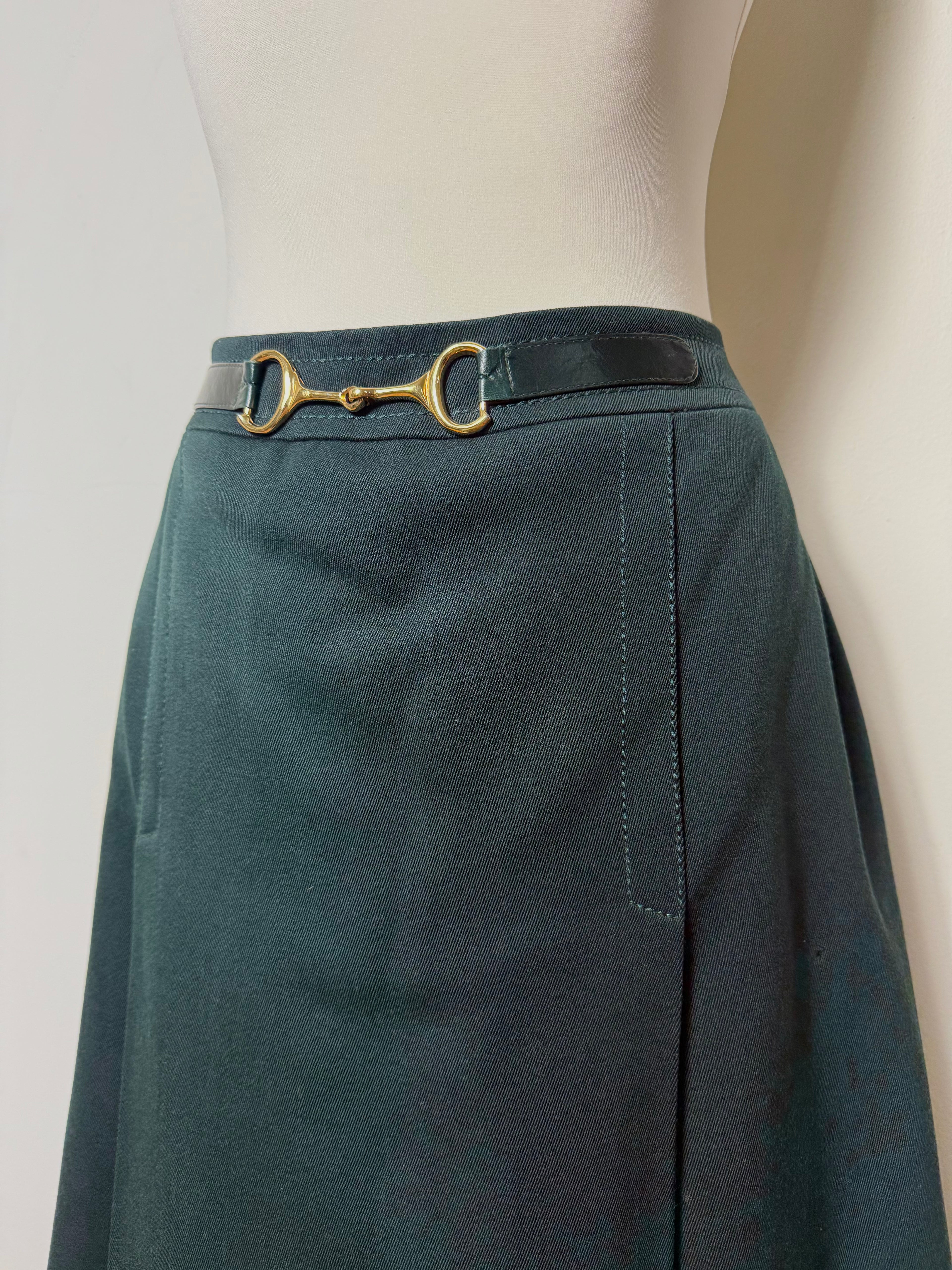 Celine Vintage 1970s Horsebit Dark Green Wool Pleated Skirt