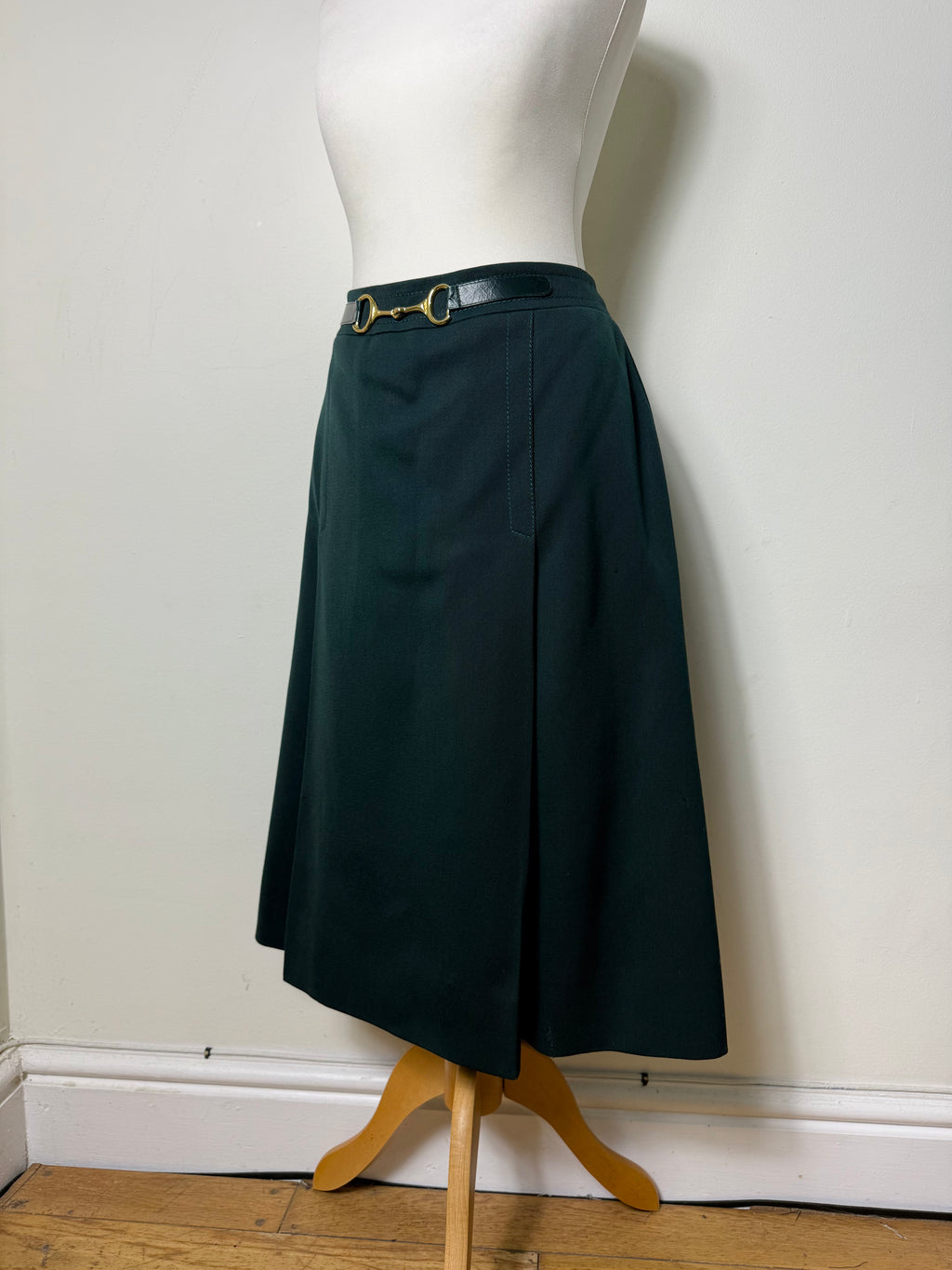 Celine Vintage 1970s Horsebit Dark Green Wool Pleated Skirt