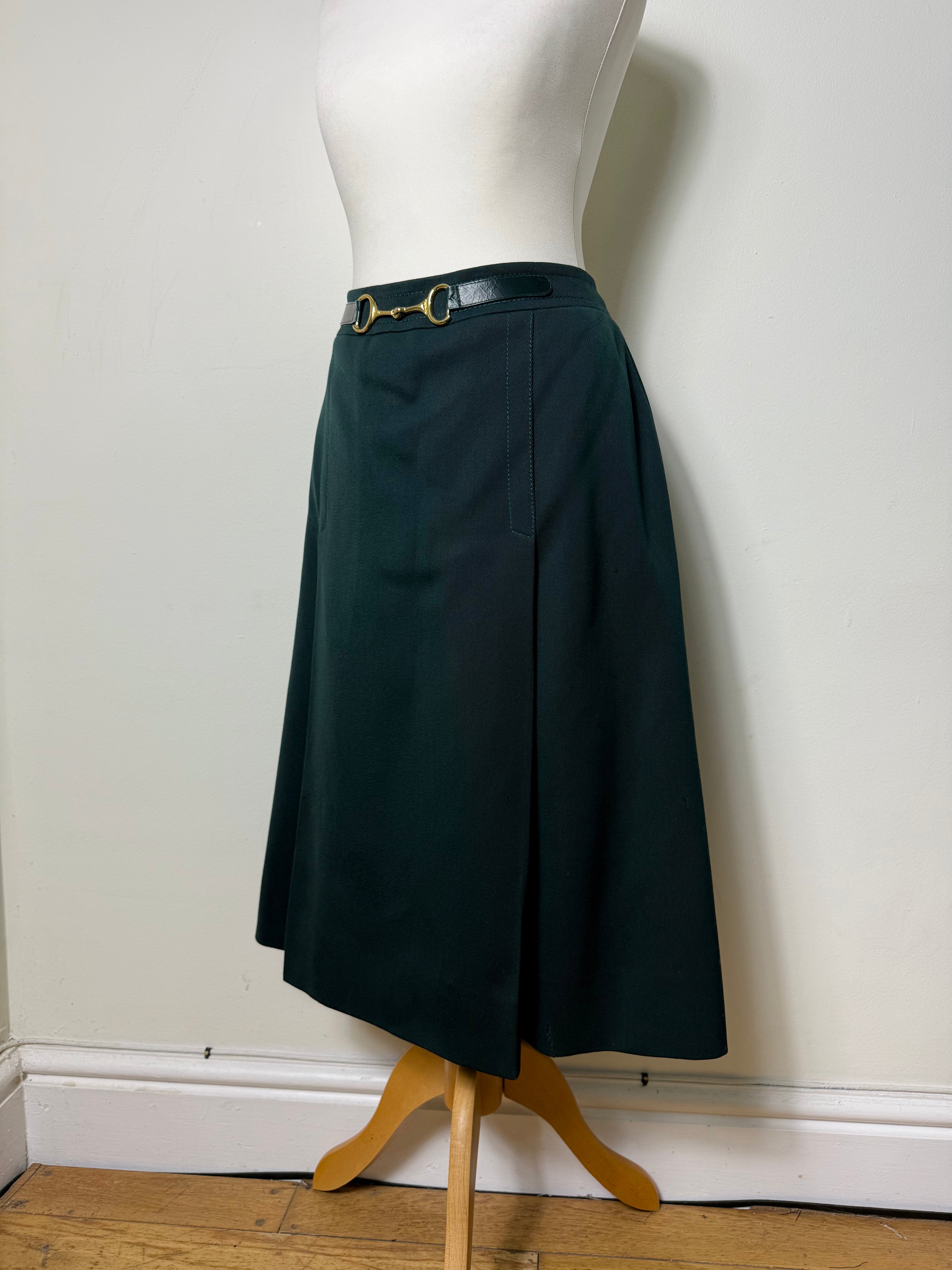 Celine Vintage 1970s Horsebit Dark Green Wool Pleated Skirt