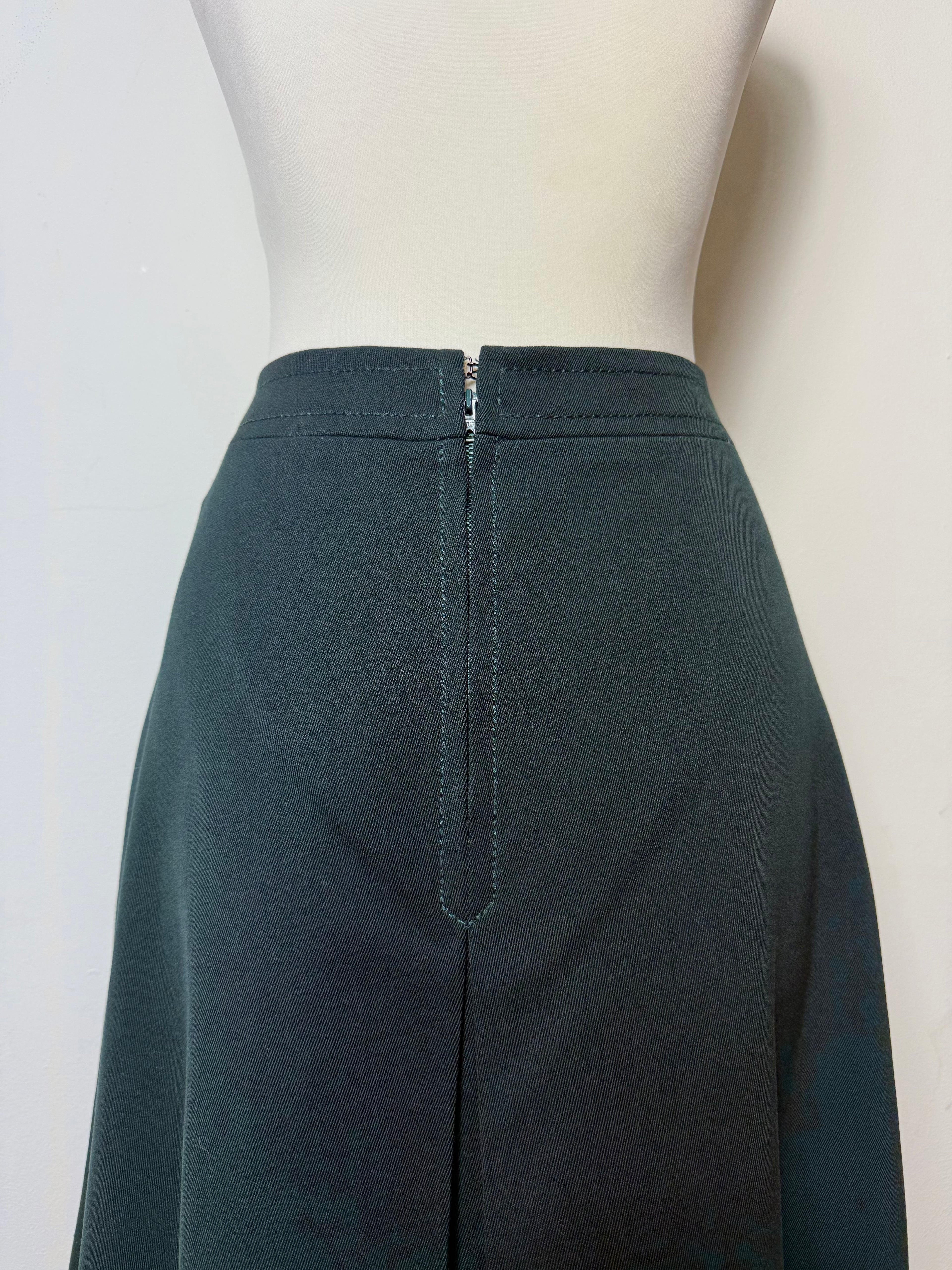 Celine Vintage 1970s Horsebit Dark Green Wool Pleated Skirt