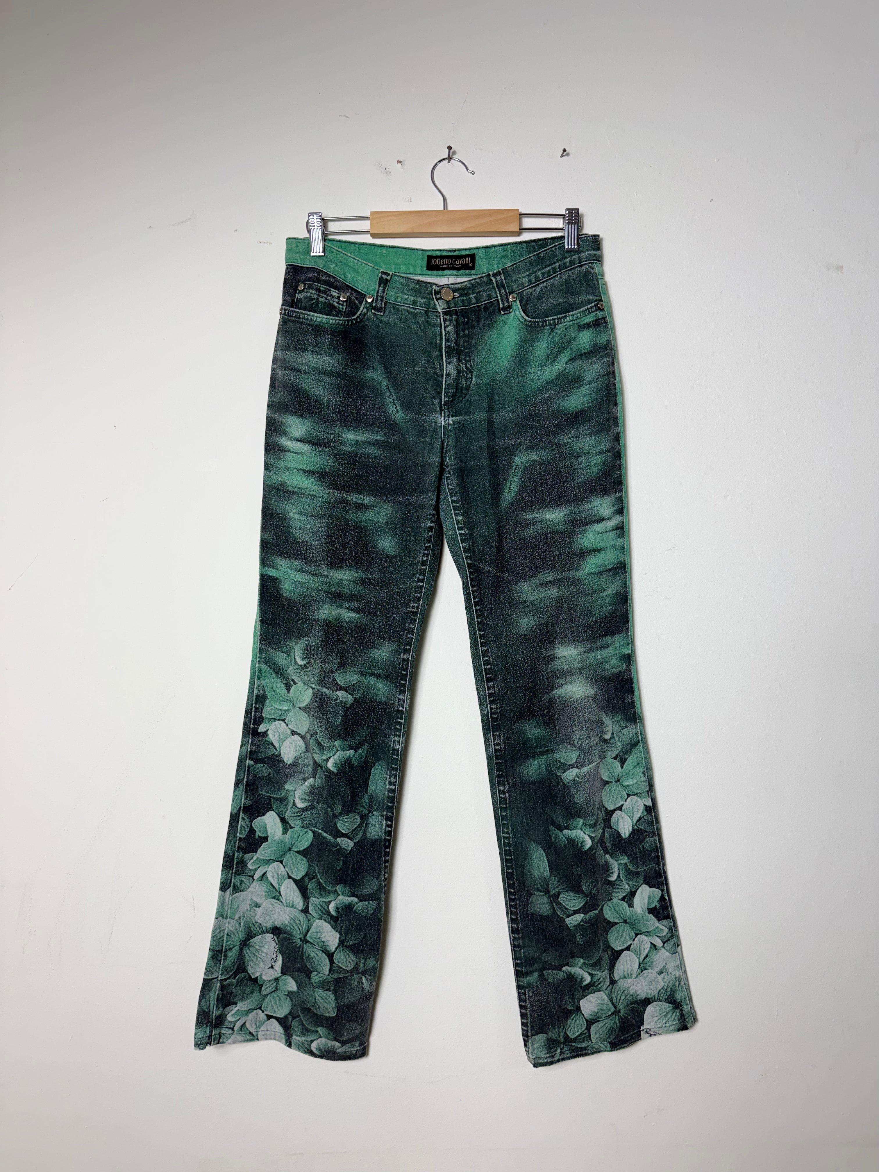 Roberto Cavalli Vintage 1990s Floral Green Jeans