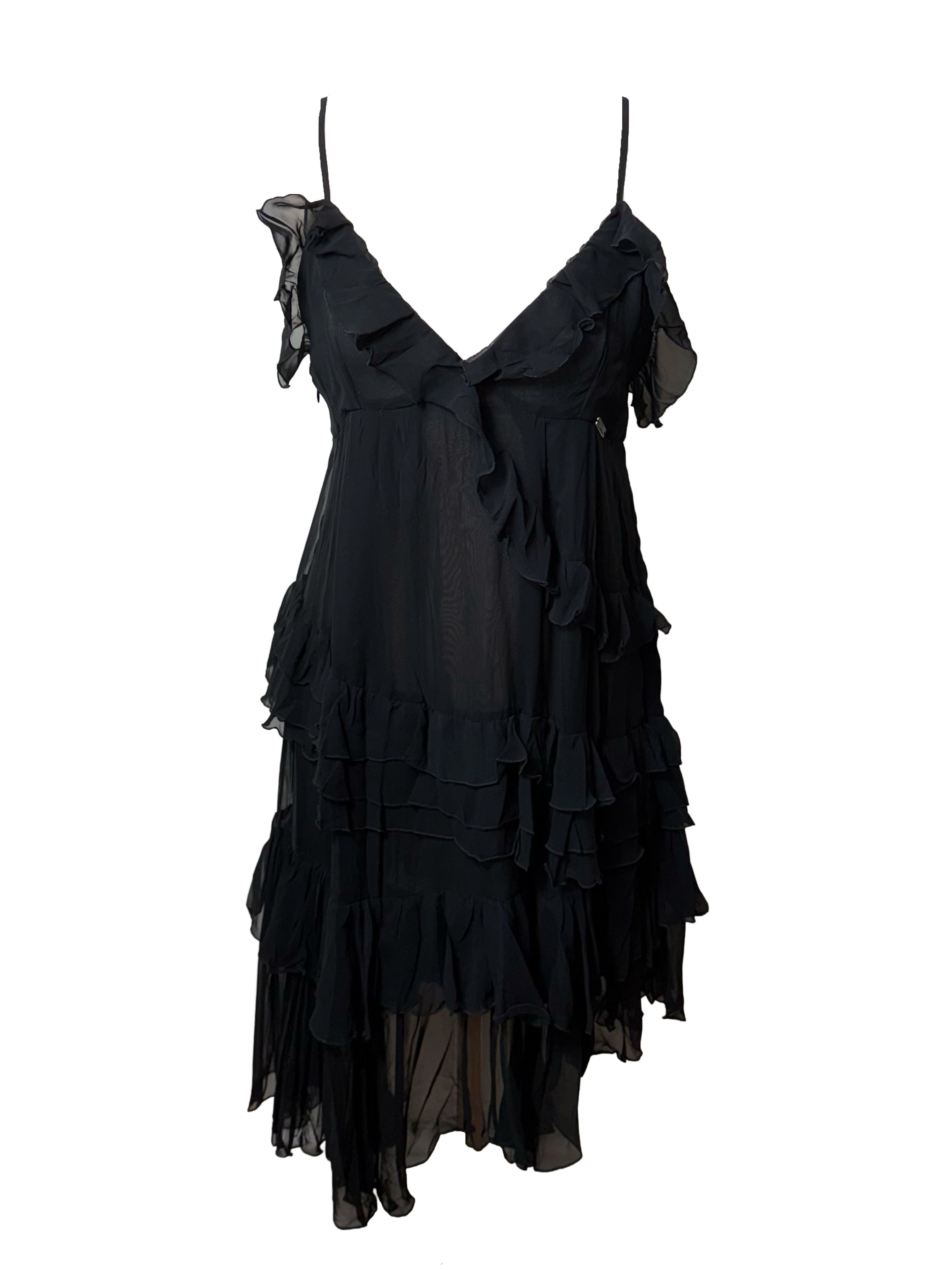 John Galliano Black Ruffle Asymmetric Mini Dress