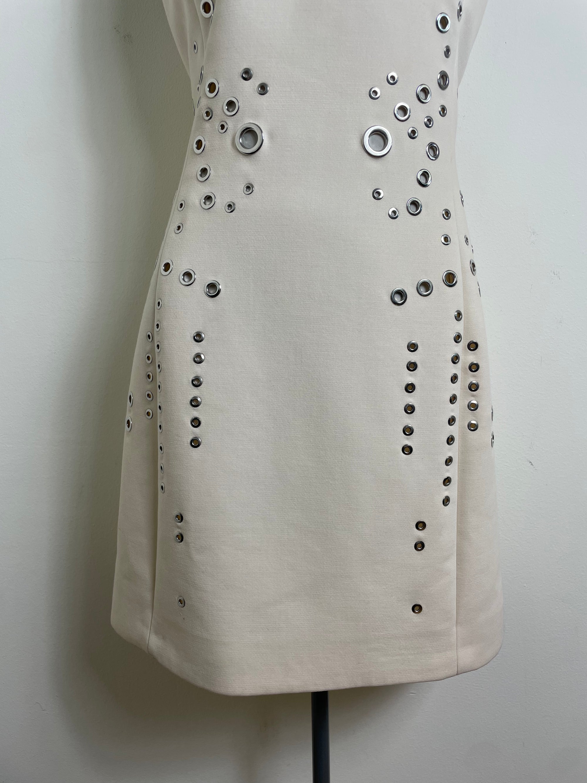 Thierry Mugler 2015 Cream High Neck Grommet Mini Dress