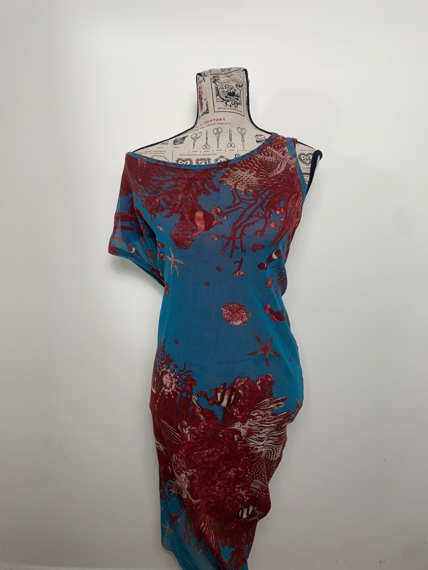 Jean Paul Gaultier Soleil Spring 1999 Sea Life Print Mesh Asymmetric Midi Dress