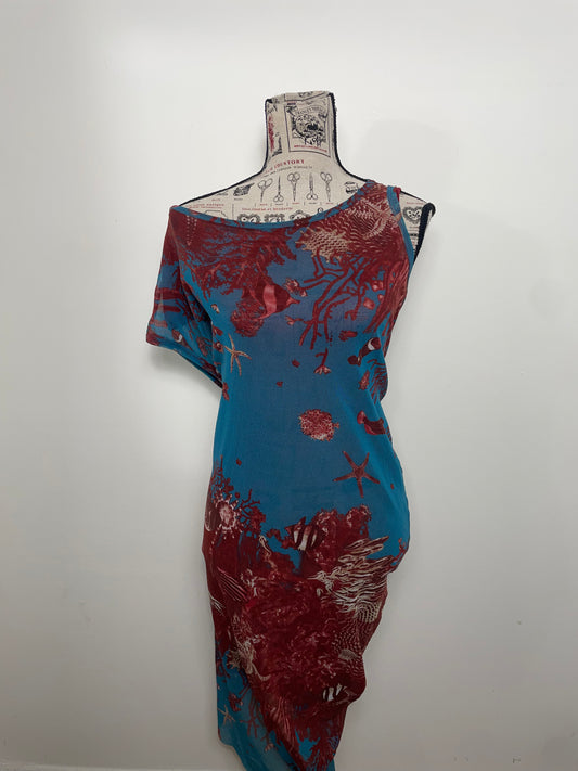 Jean Paul Gaultier Soleil Spring 1999 Sea Life Print Mesh Asymmetric Midi Dress