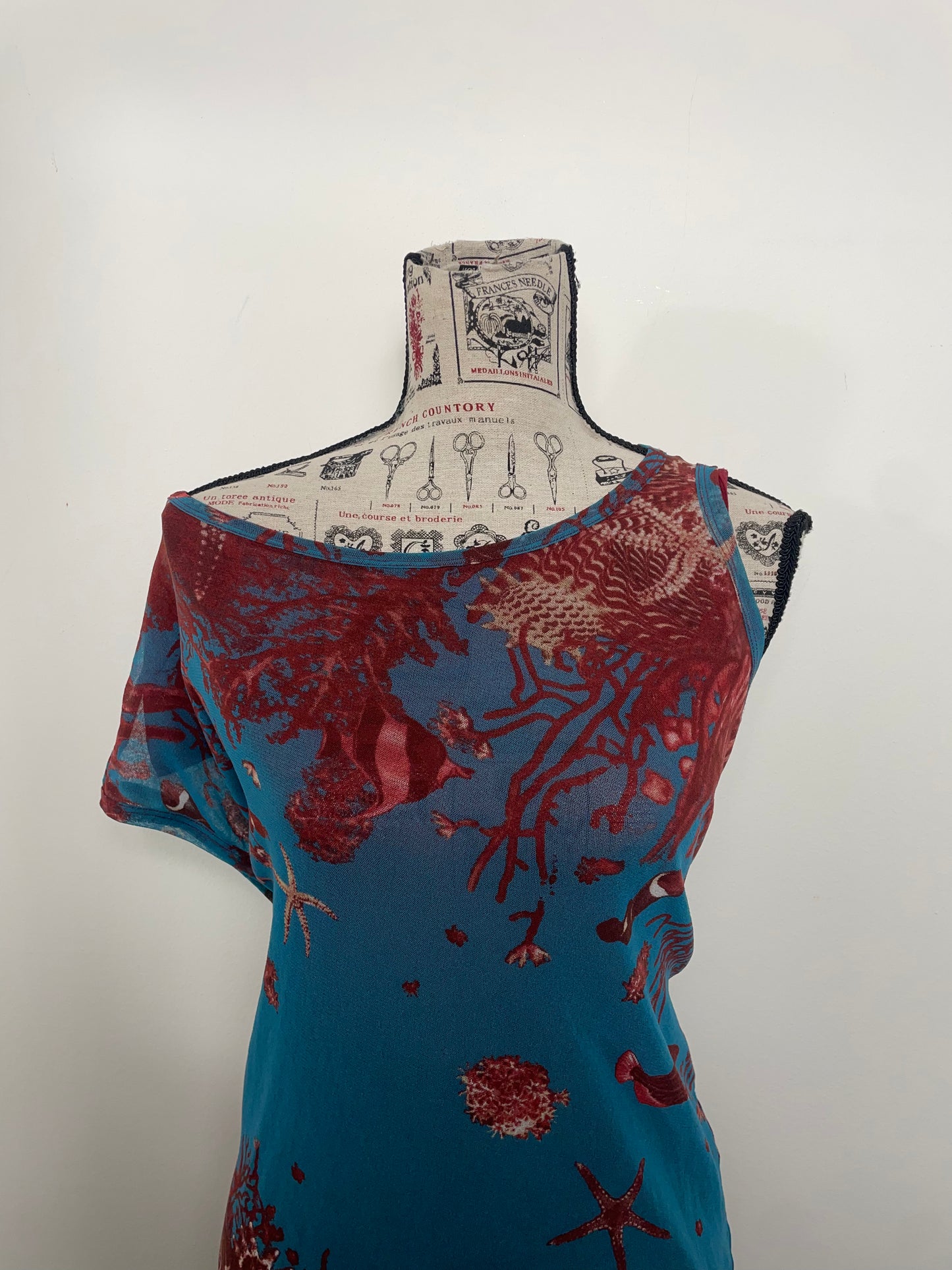 Jean Paul Gaultier Soleil Spring 1999 Sea Life Print Mesh Asymmetric Midi Dress