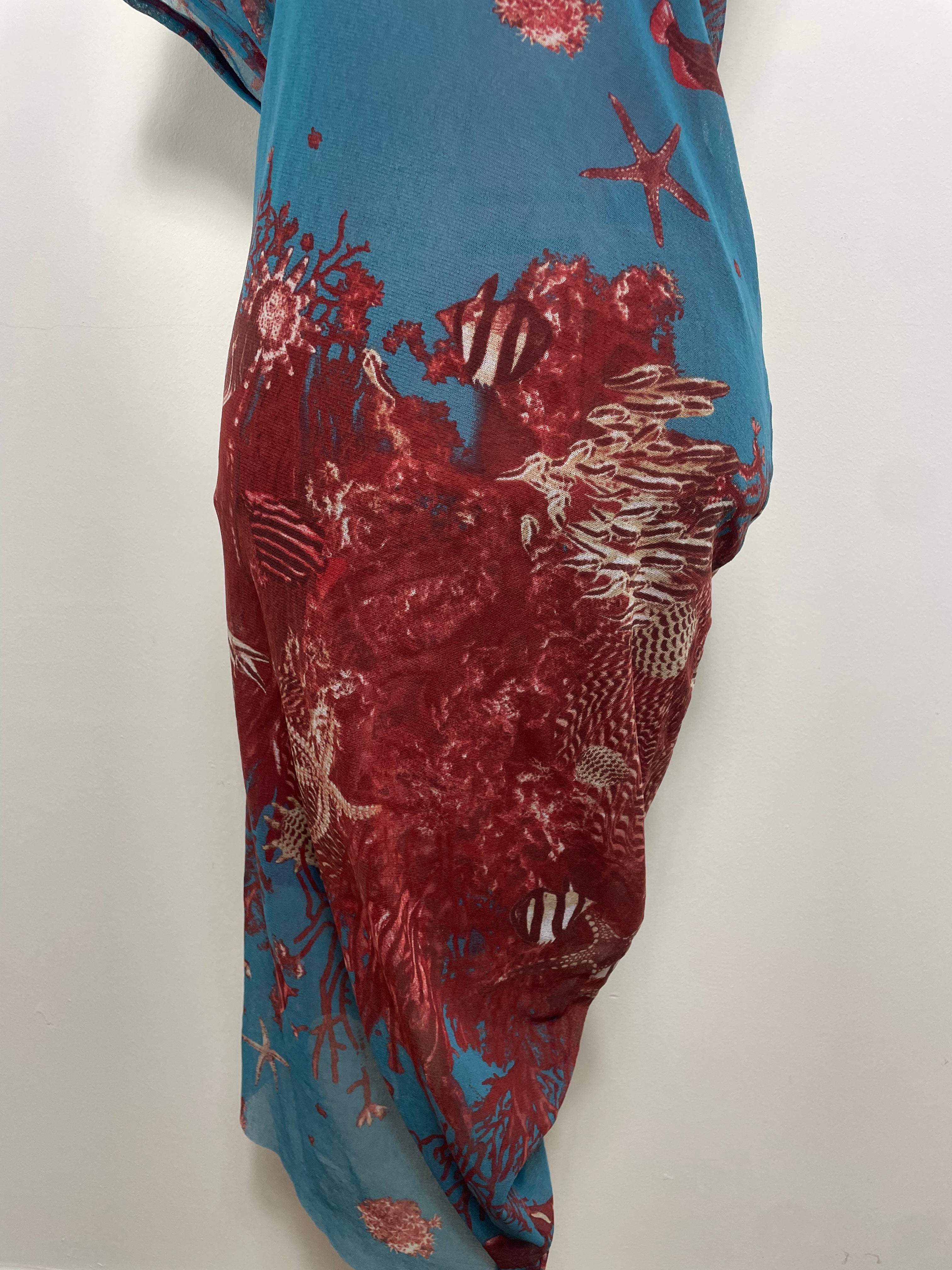 Jean Paul Gaultier Soleil Spring 1999 Sea Life Print Mesh Asymmetric Midi Dress
