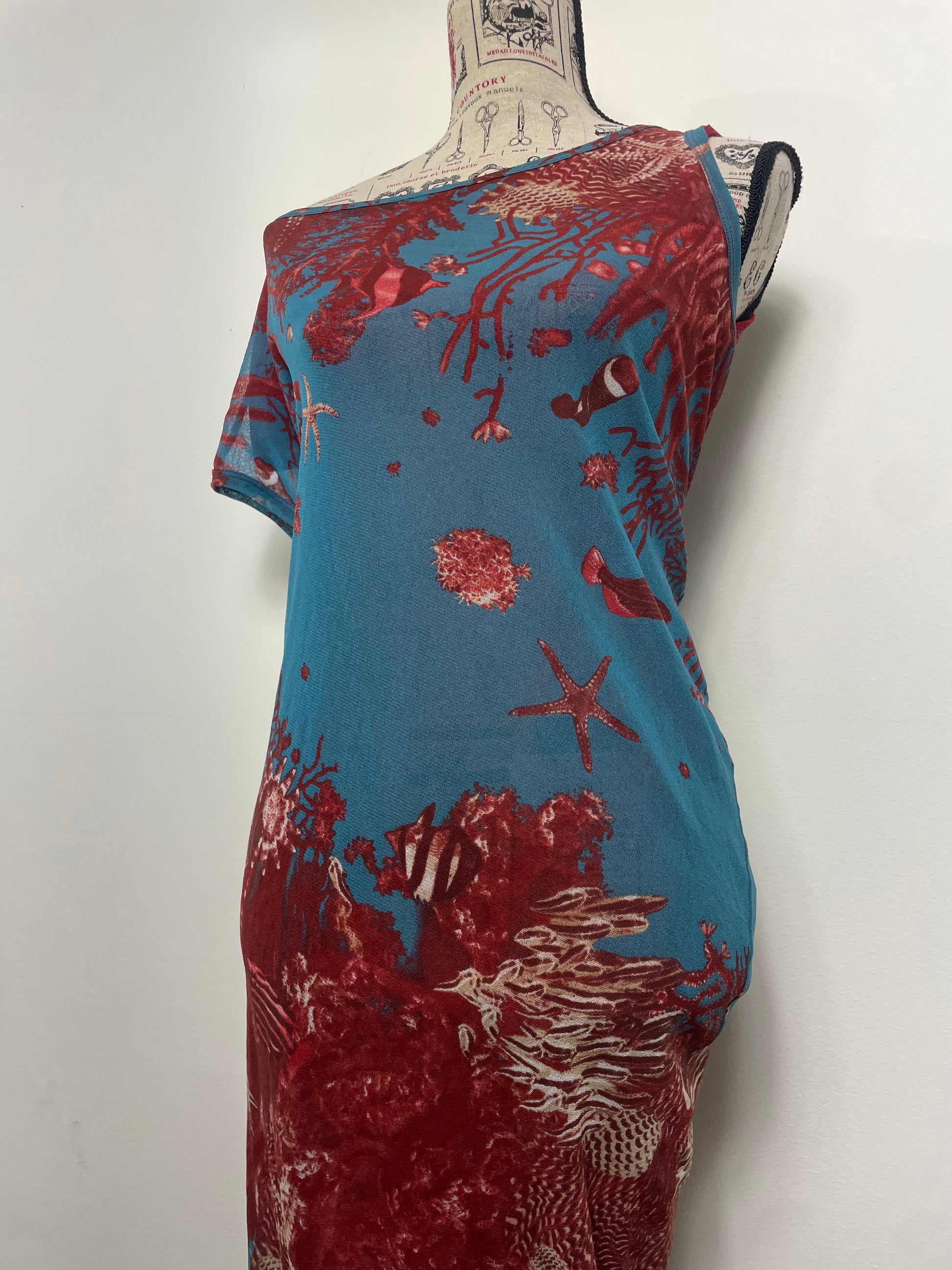 Jean Paul Gaultier Soleil Spring 1999 Sea Life Print Mesh Asymmetric Midi Dress