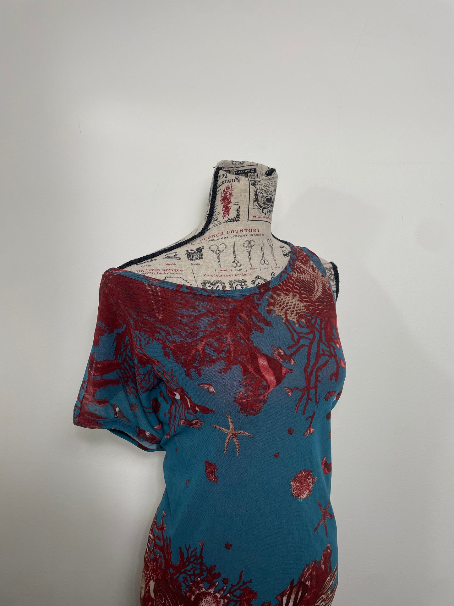 Jean Paul Gaultier Soleil Spring 1999 Sea Life Print Mesh Asymmetric Midi Dress