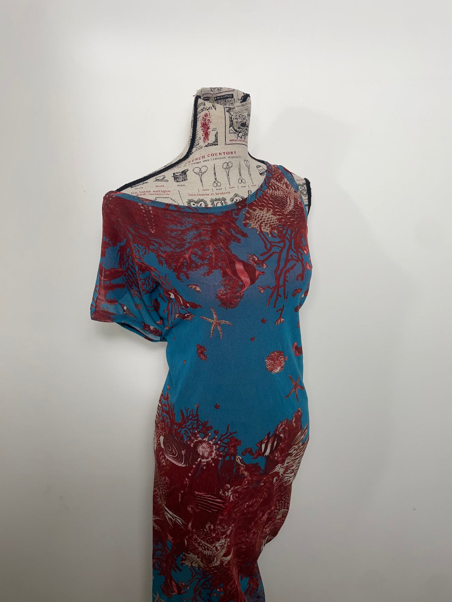 Jean Paul Gaultier Soleil Spring 1999 Sea Life Print Mesh Asymmetric Midi Dress