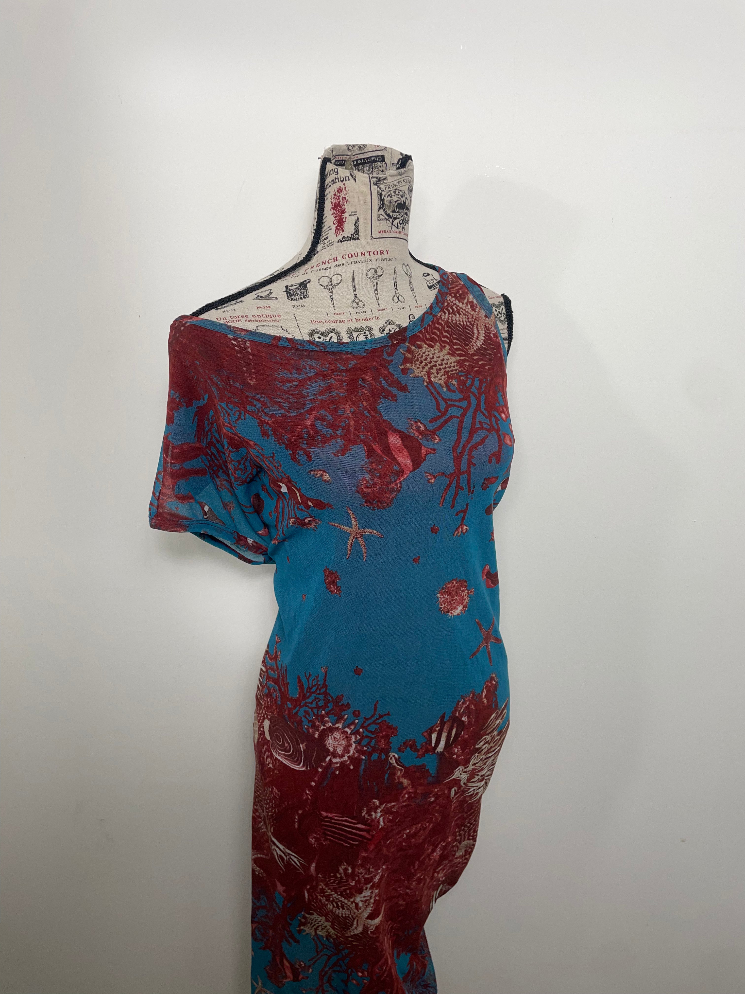 Jean Paul Gaultier Soleil Spring 1999 Sea Life Print Mesh Asymmetric Midi Dress