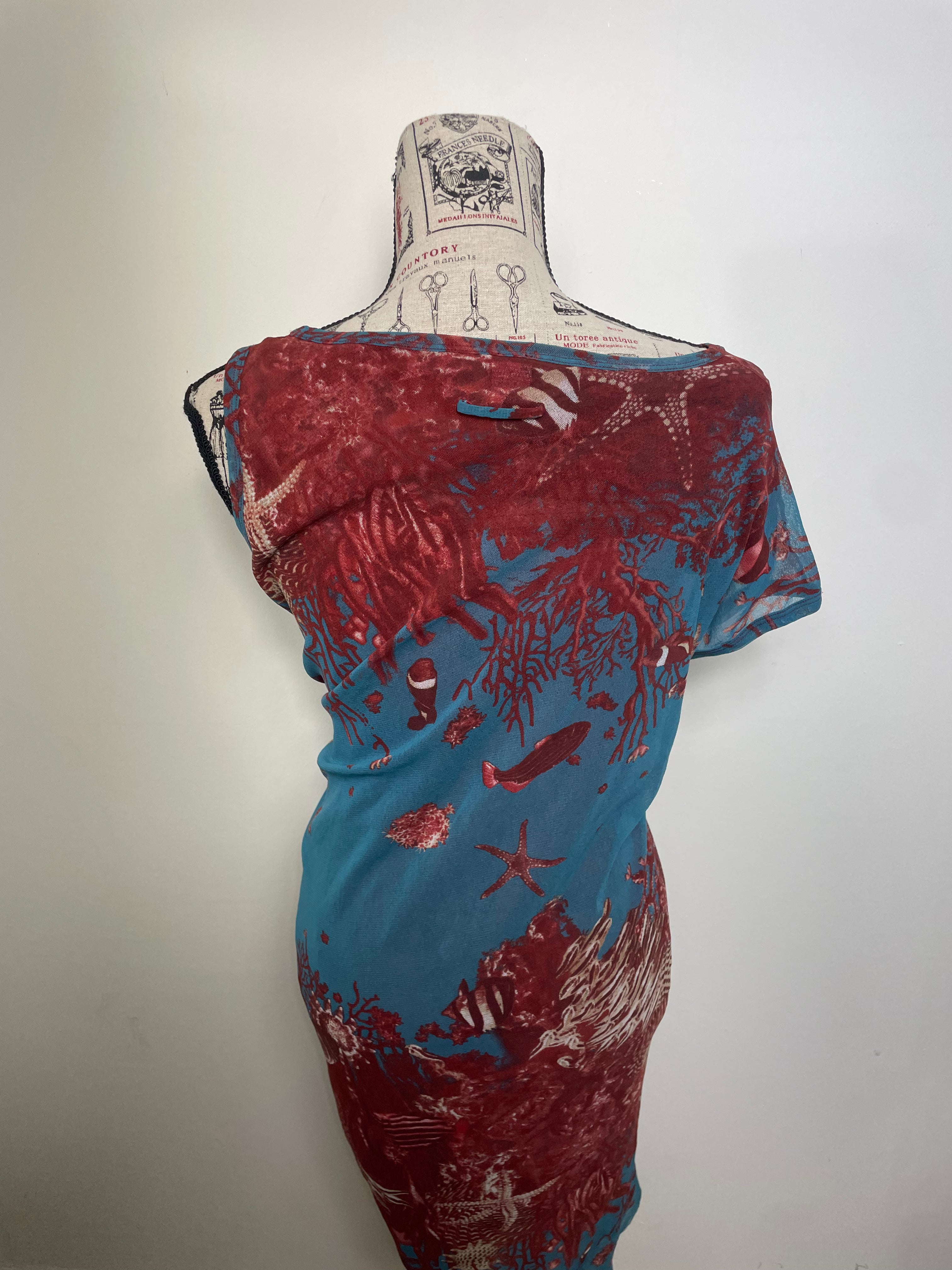 Jean Paul Gaultier Soleil Spring 1999 Sea Life Print Mesh Asymmetric Midi Dress