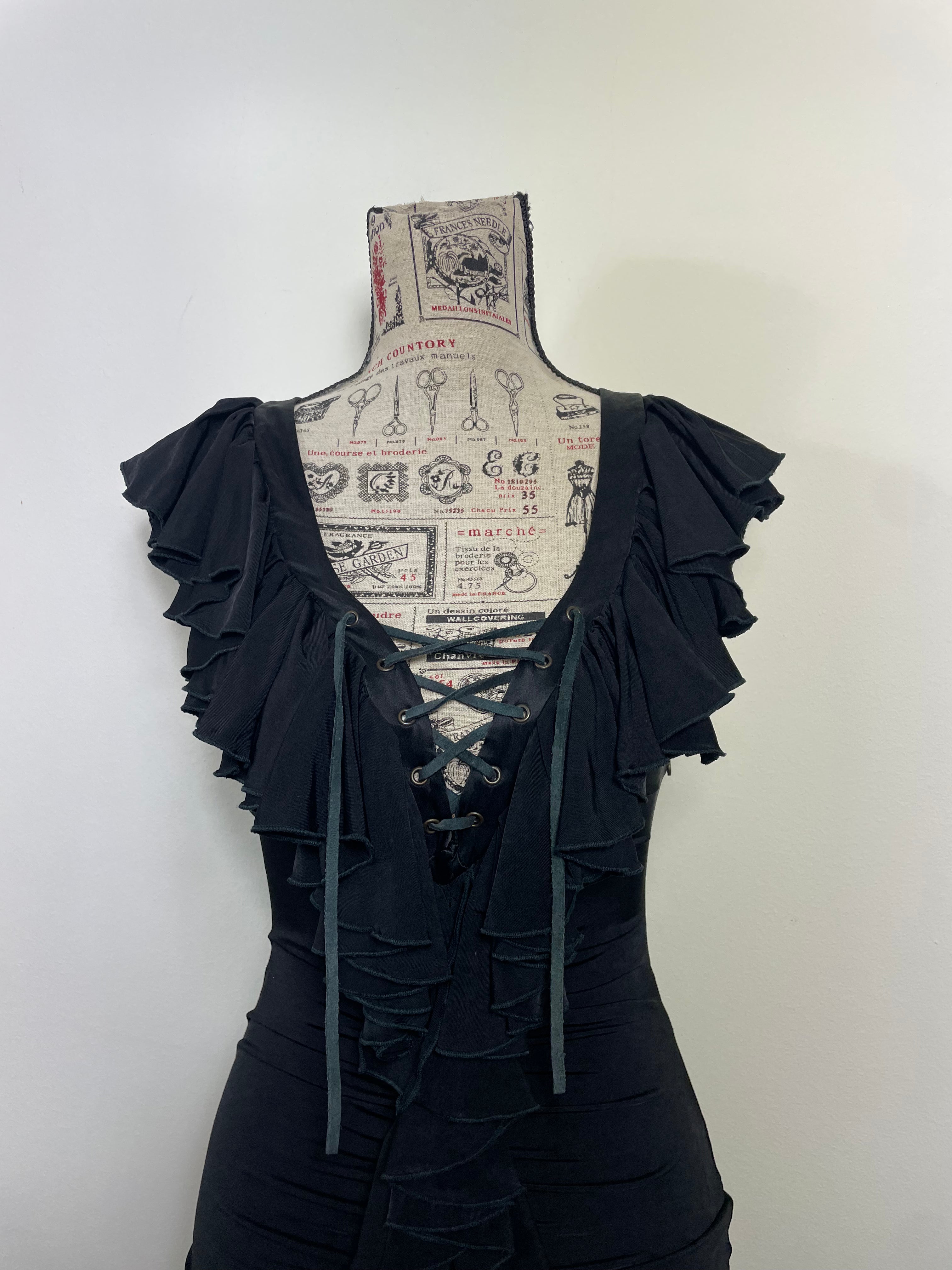 Just Cavalli 2000s Black Ruffle Corset Lace-Up Cocktail Dress