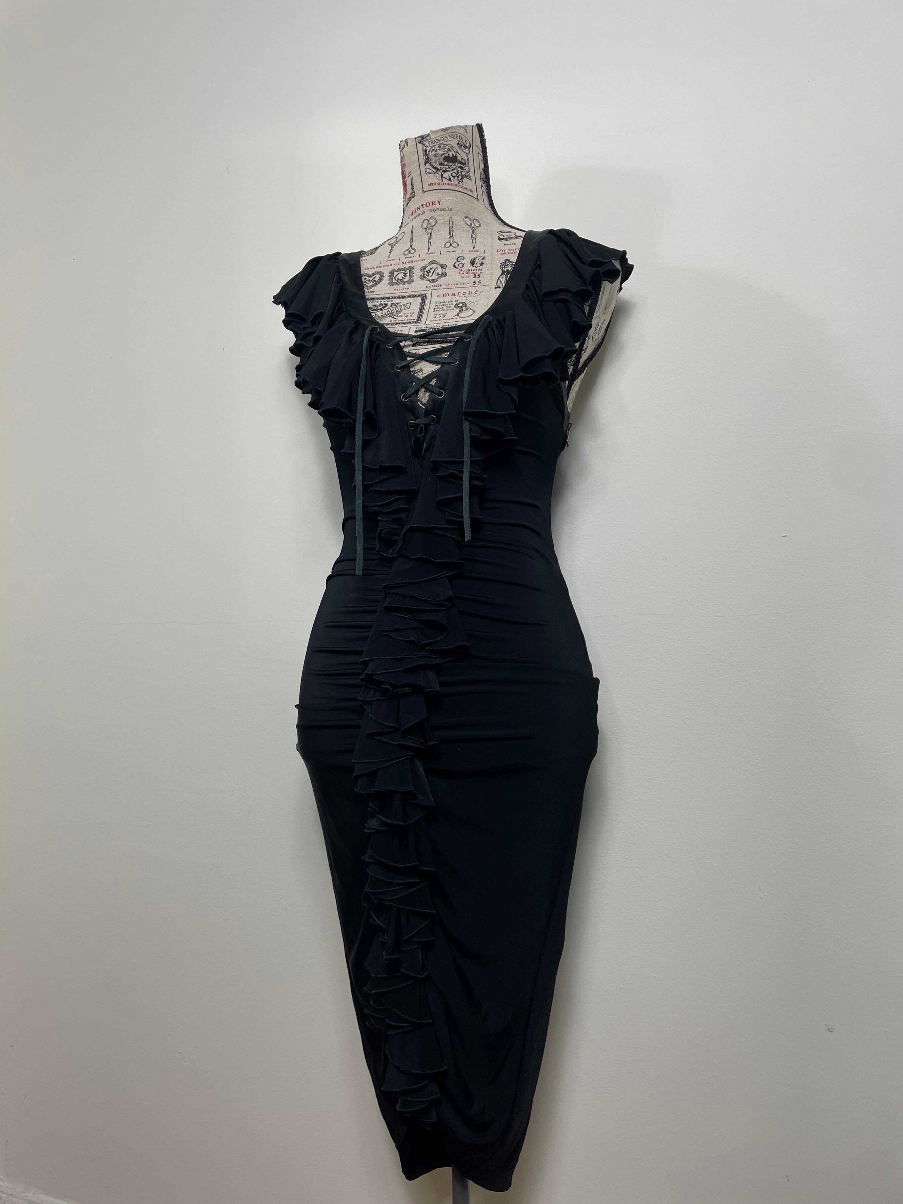 Just Cavalli 2000s Black Ruffle Corset Lace-Up Cocktail Dress