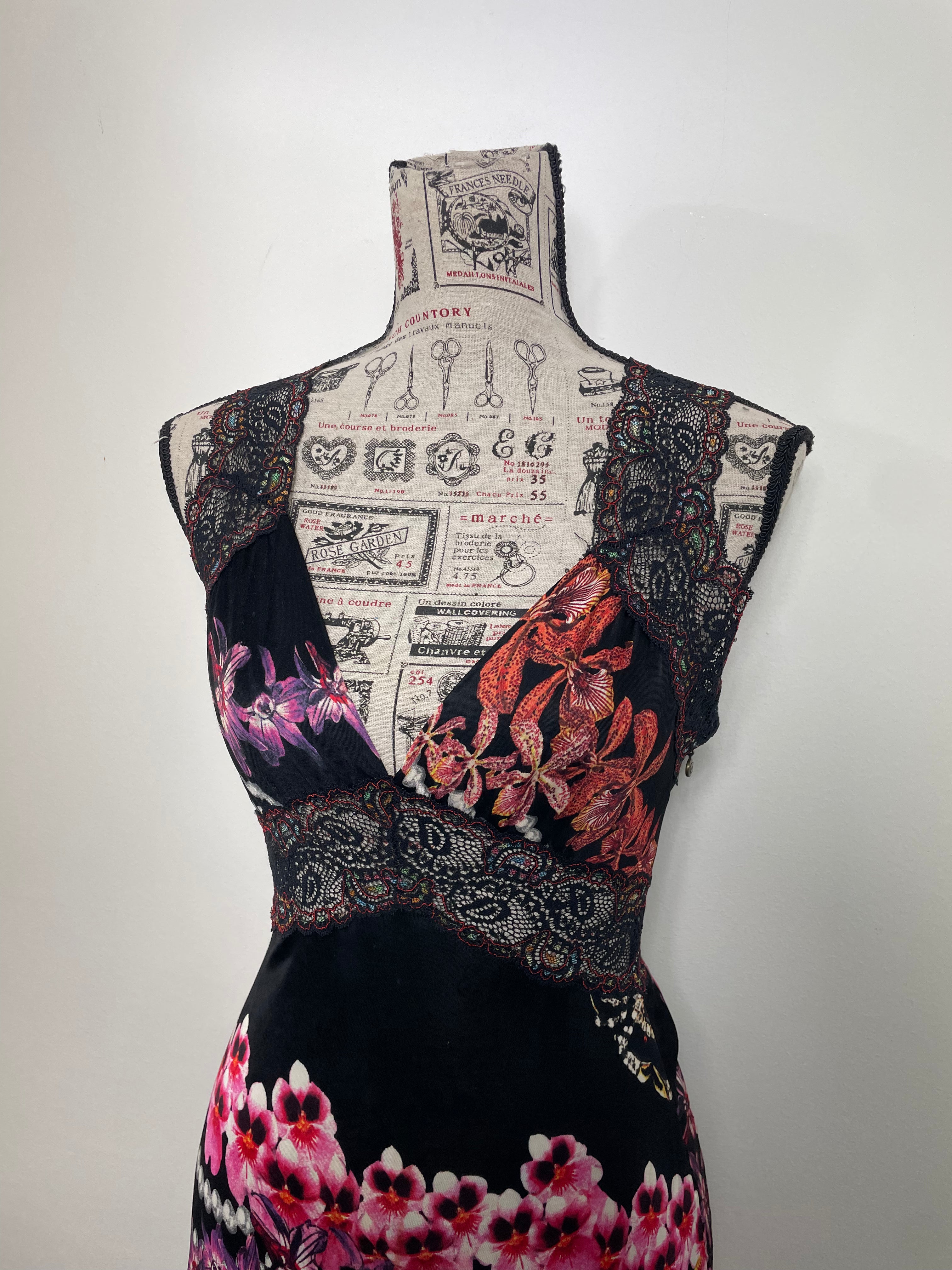 Just Cavalli Orchid-Print Cocktail Dress with Lace Trims