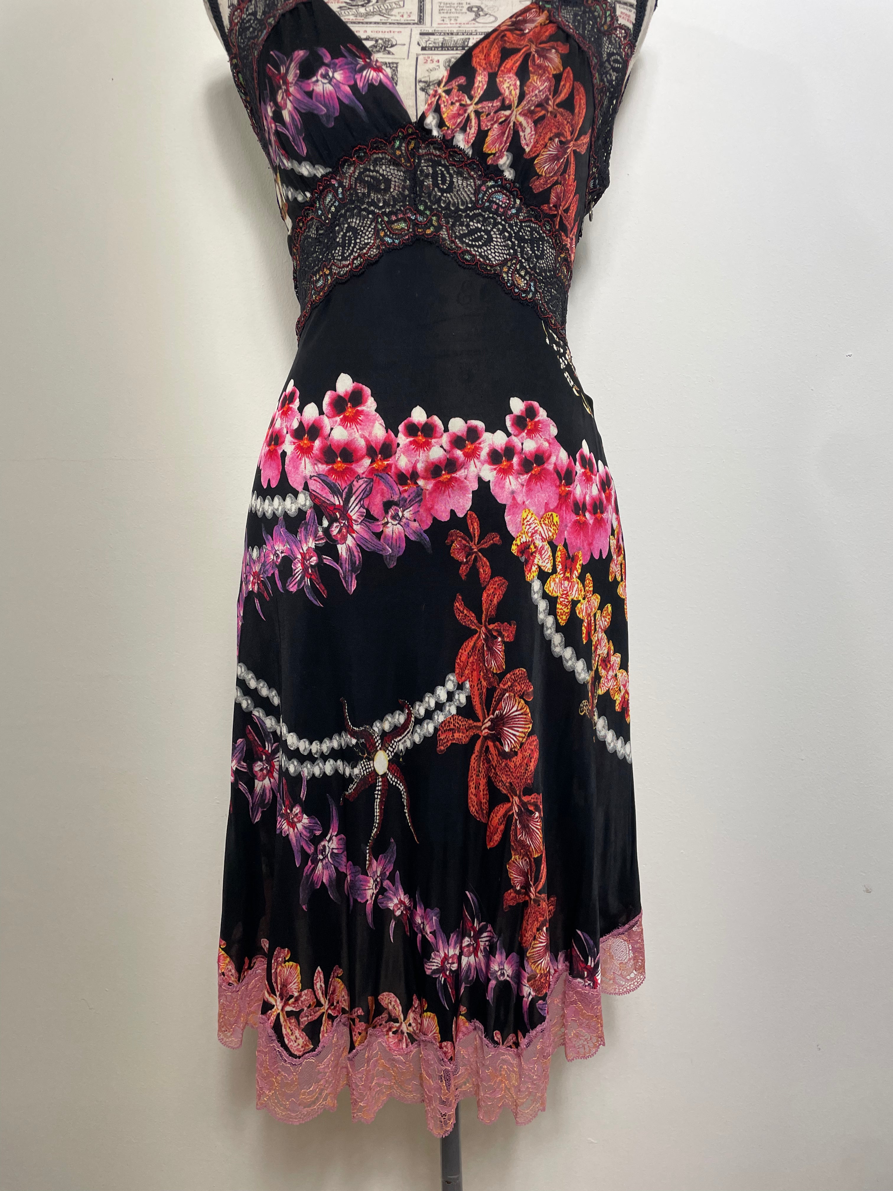 Just Cavalli Orchid-Print Cocktail Dress with Lace Trims