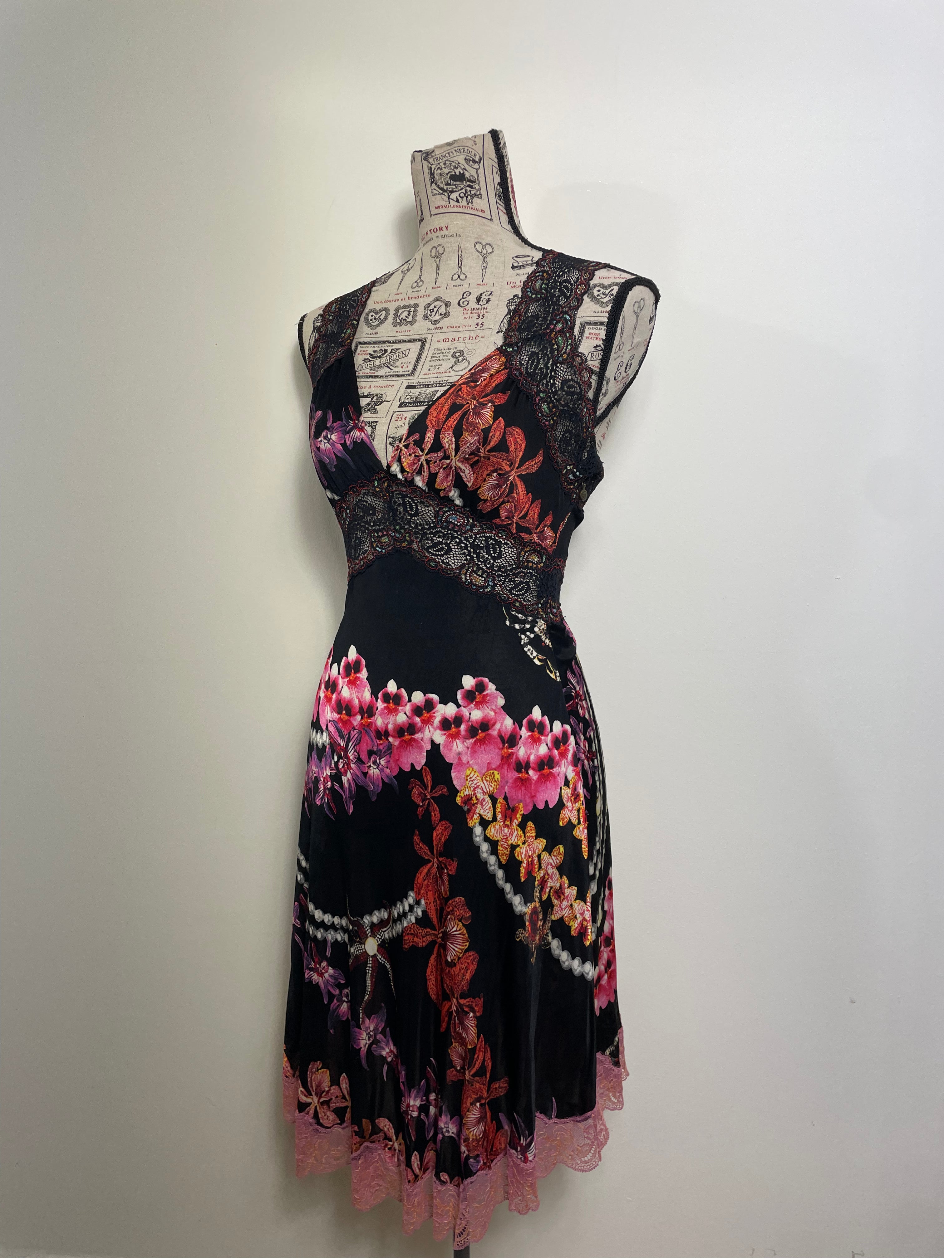 Just Cavalli Orchid-Print Cocktail Dress with Lace Trims