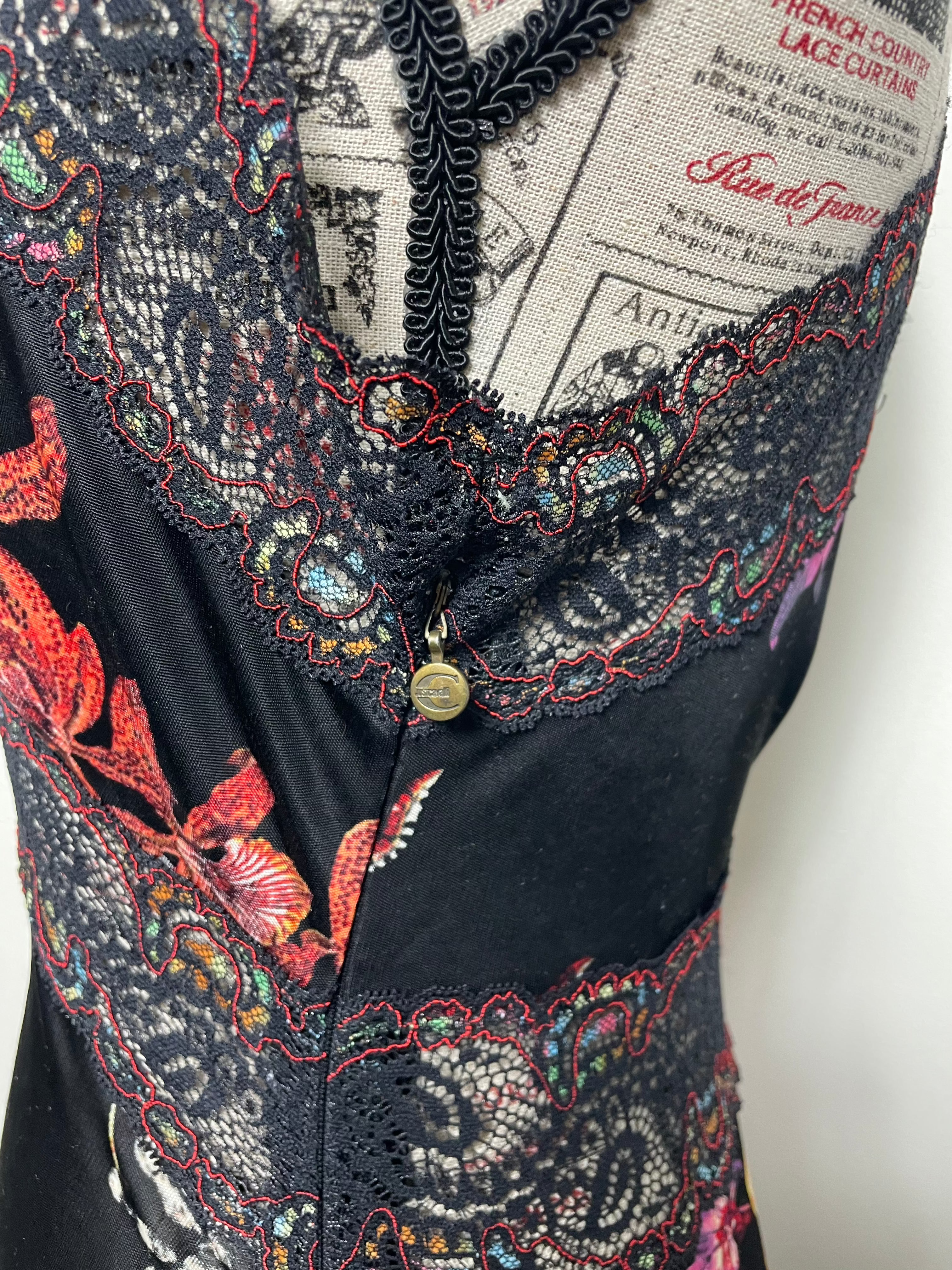 Just Cavalli Orchid-Print Cocktail Dress with Lace Trims
