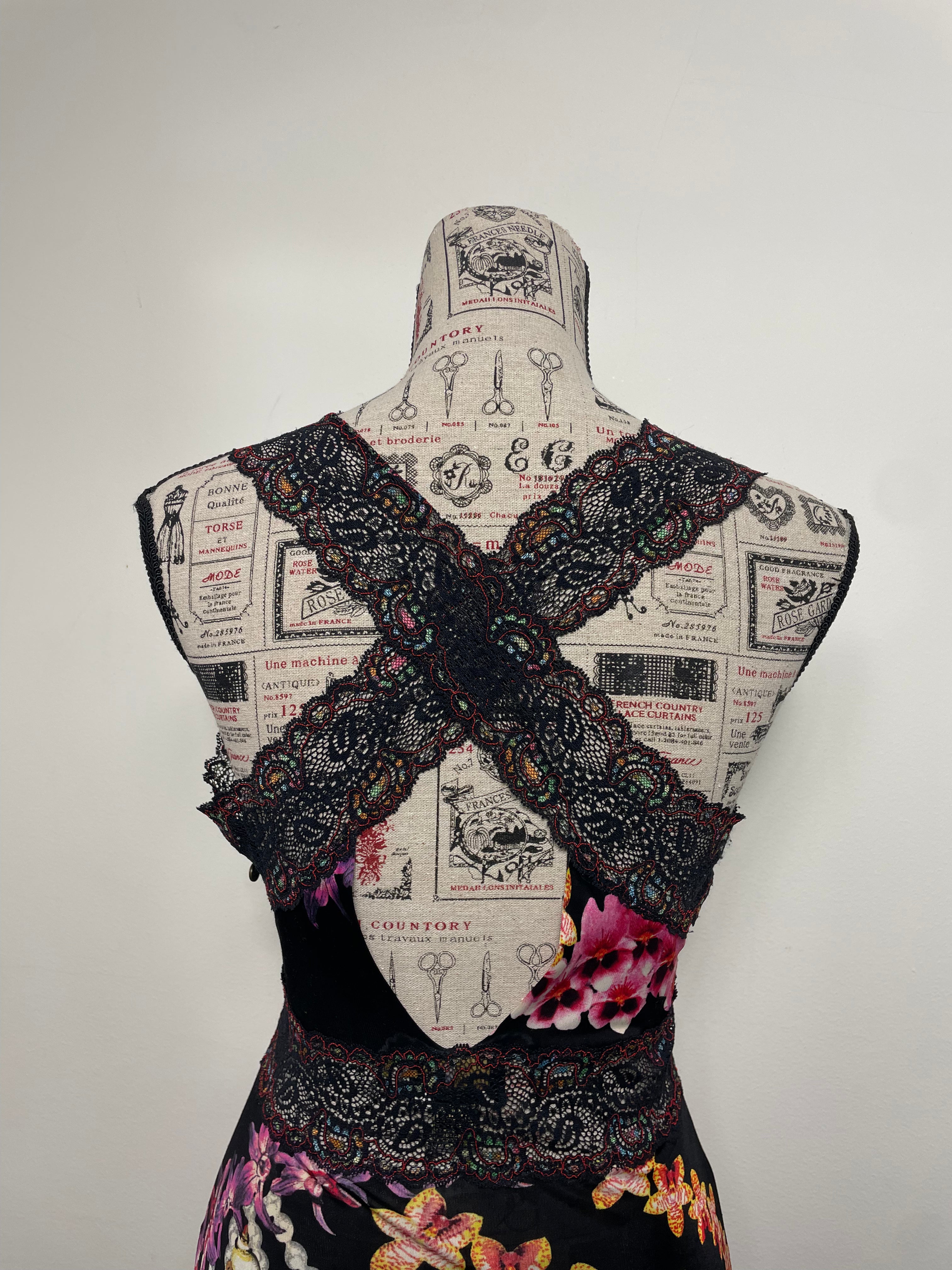Just Cavalli Orchid-Print Cocktail Dress with Lace Trims