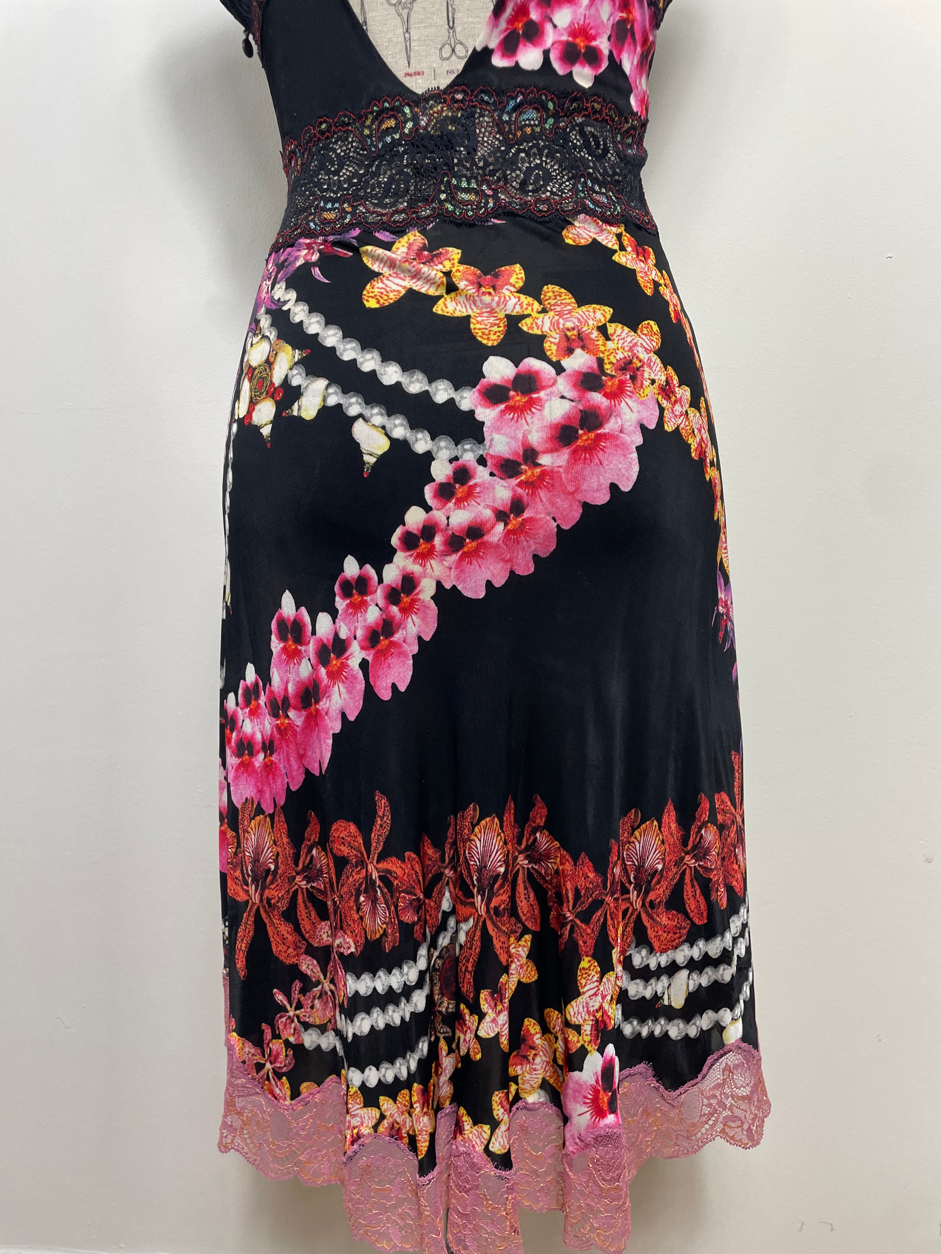 Just Cavalli Orchid-Print Cocktail Dress with Lace Trims