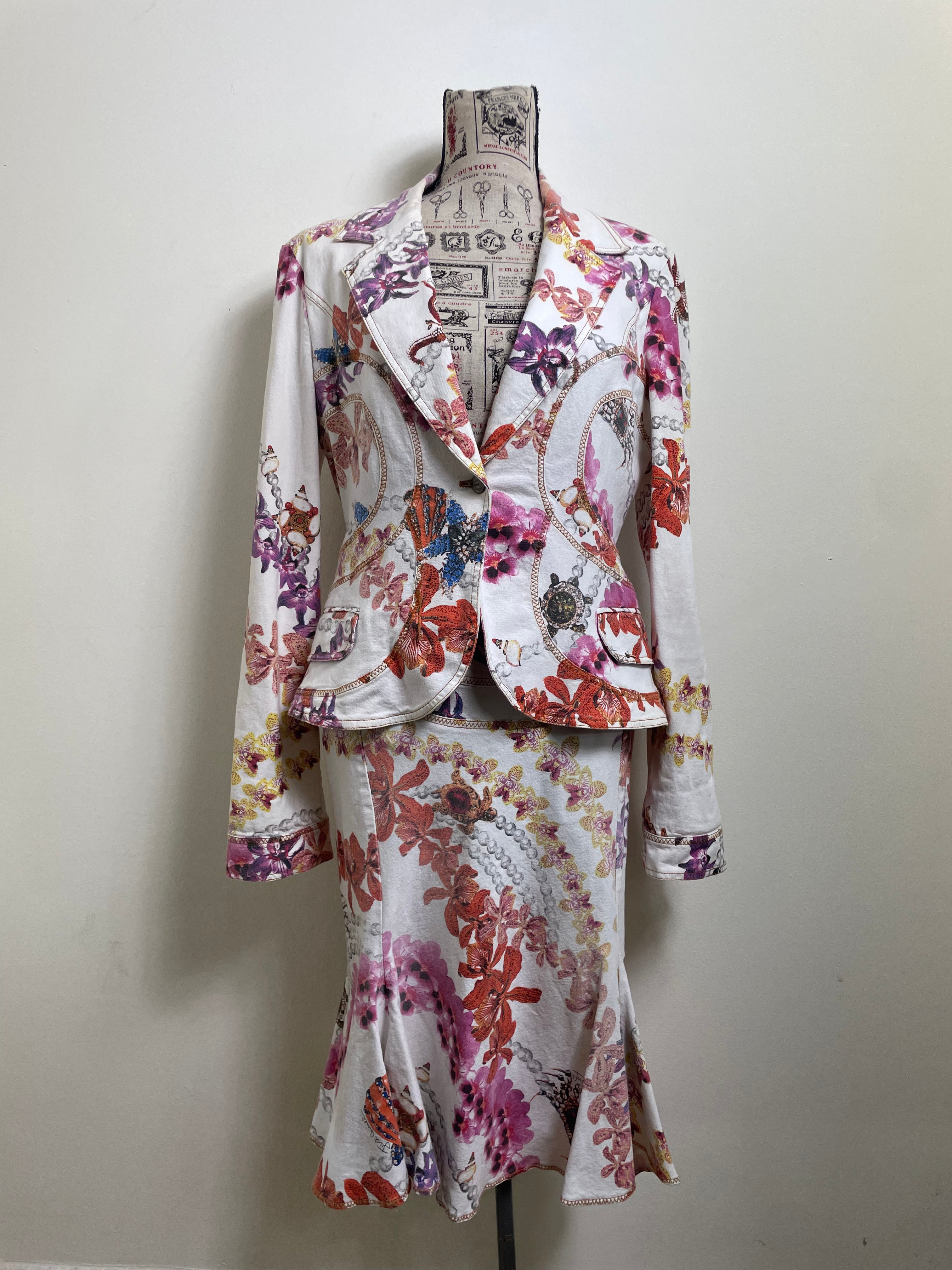 Just Cavalli Orchid-Print Fitted Blazer & Skirt Set