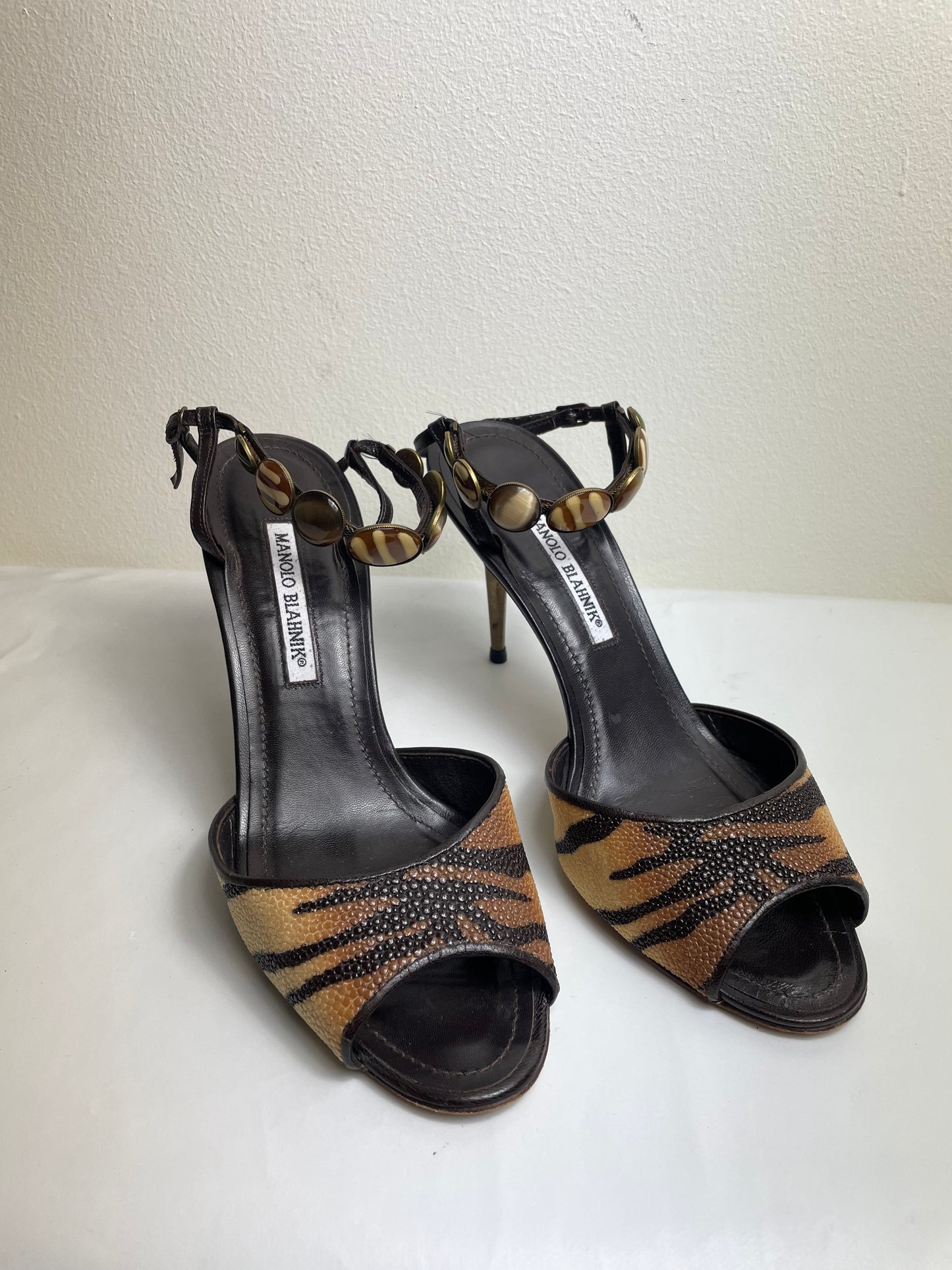 Manolo Blahnik Vintage Tiger Print Peep Toe Heels