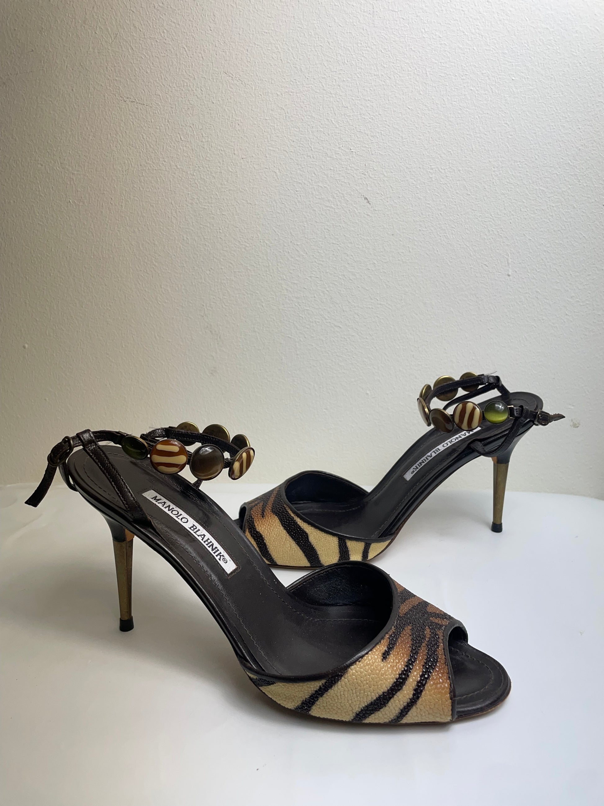 Manolo Blahnik Vintage Tiger Print Peep Toe Heels